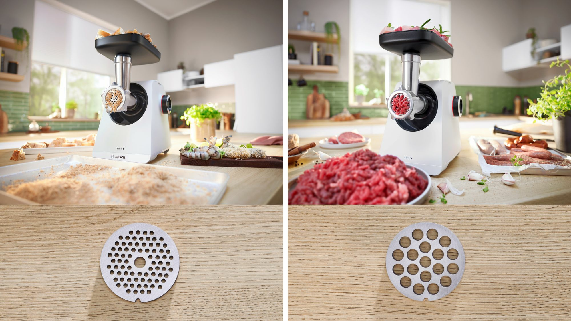 Burger na drewnianej desce obok maszynki do mielenia mięsa, noża i widelca.