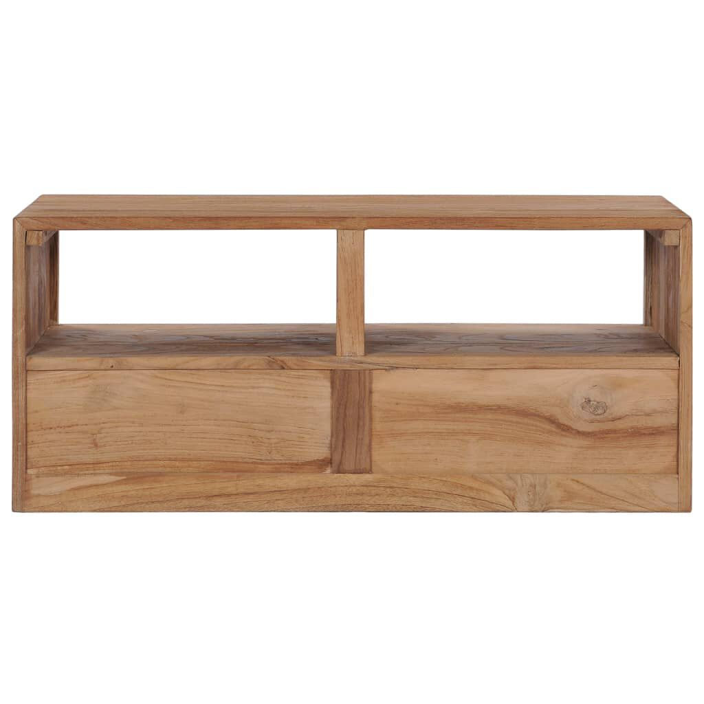 TV-Ständer aus Holz mit zwei Schubladen und einem Regal in der Mitte. Das Holz ist hellbraun.