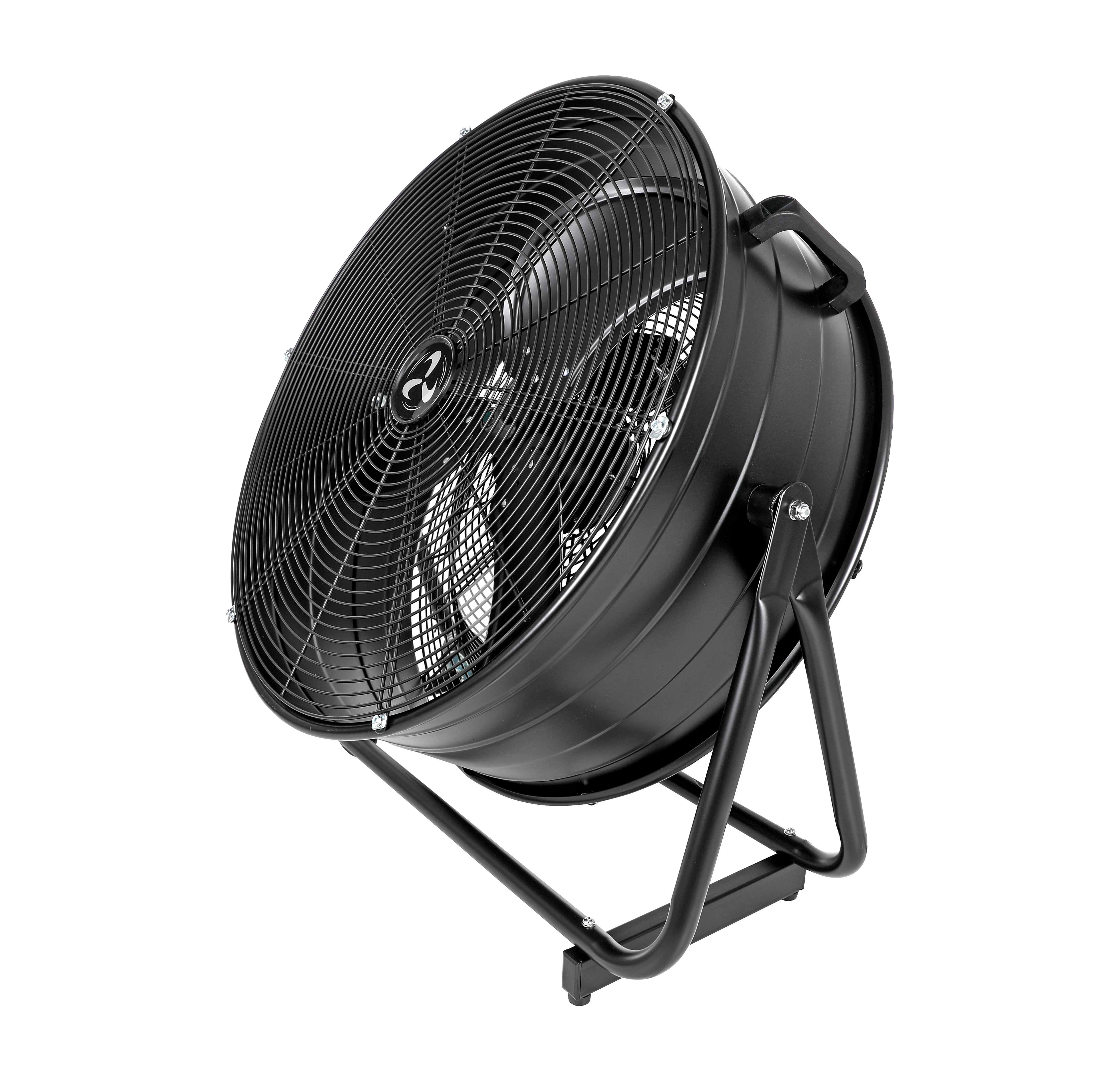 Czarny wentylator przemysłowy na stojaku, lekko pochylony.