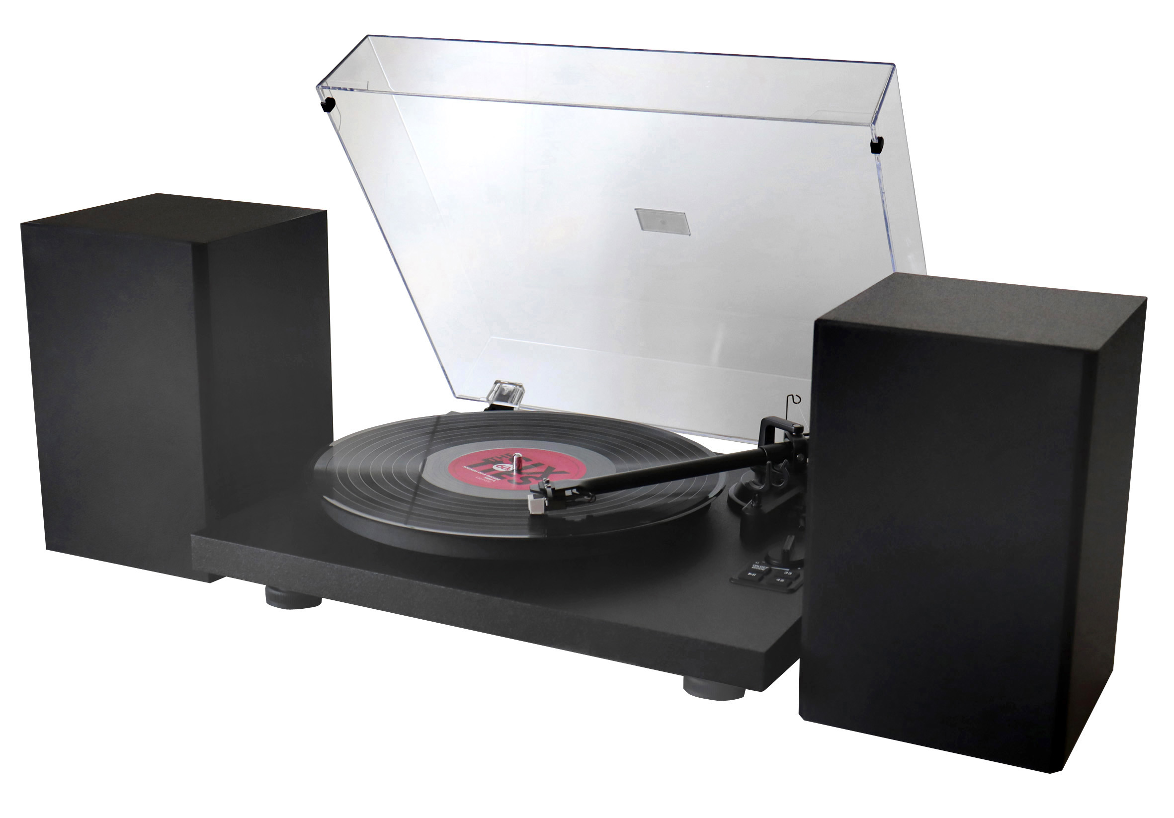 Schwarzer Plattenspieler mit Lautsprechern. Vinyl-Schallplatte auf dem Plattenteller.