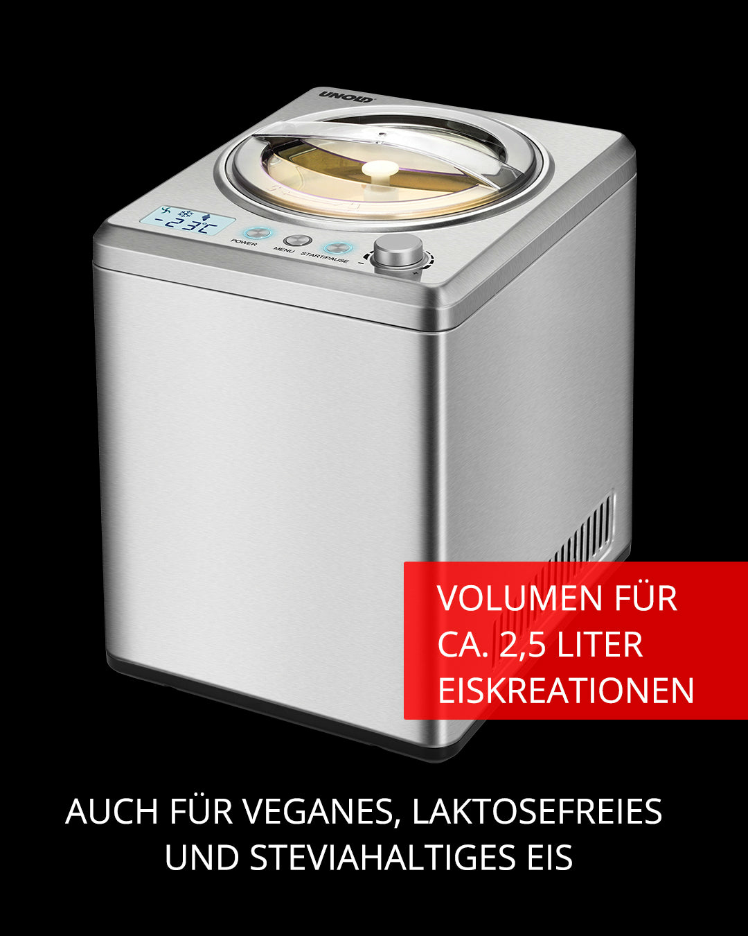 Eine silberne Eismaschine mit einem roten Banner, das angibt, dass sie 2,5 Liter Eis herstellen kann.