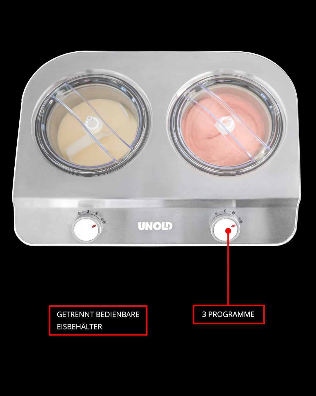 Maszyna do lodów z dwiema oddzielnymi miskami. Srebrny korpus z czerwonymi elementami sterującymi.