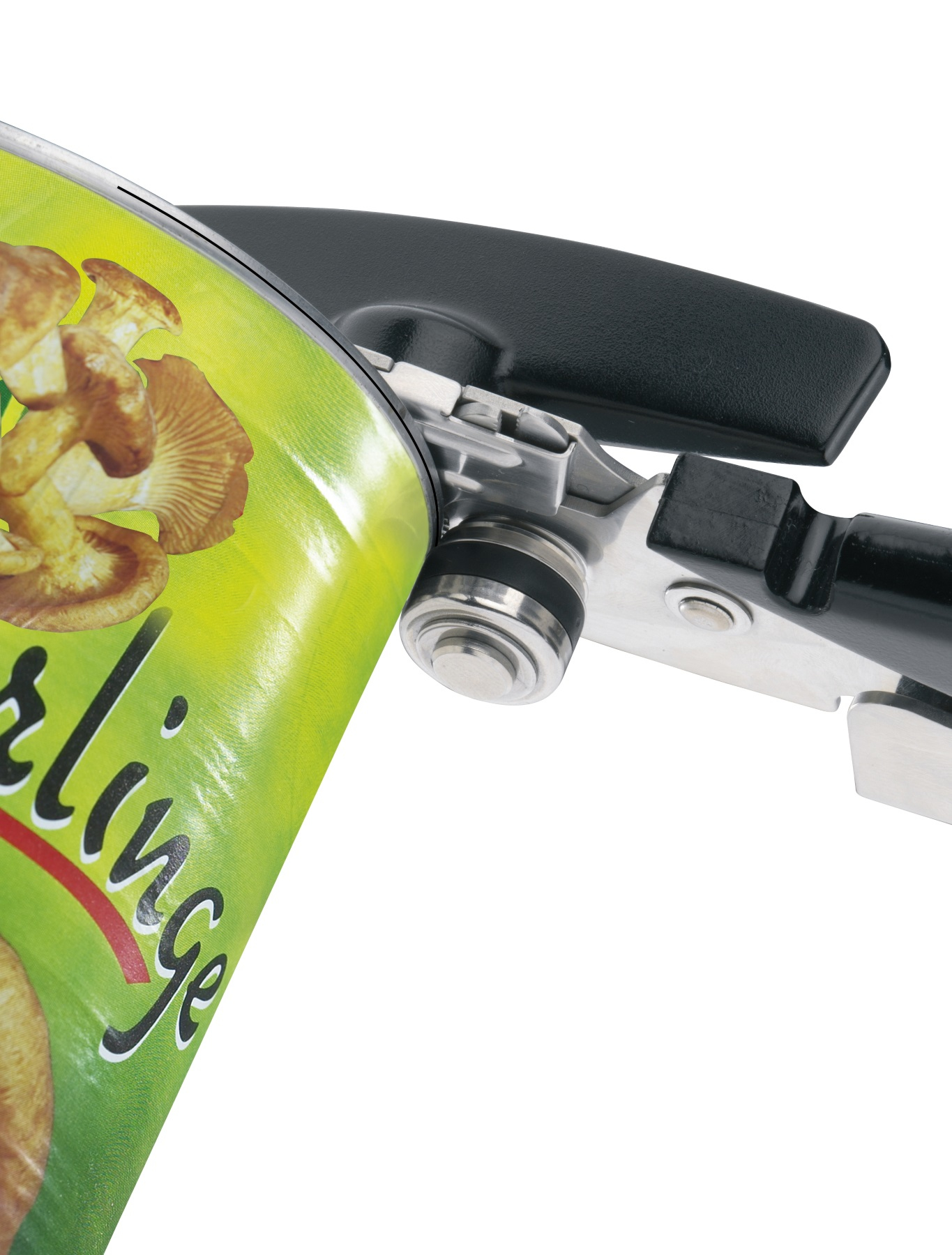 Ein Dosenöffner in Aktion. Eine Dose wird mit dem Dosenöffner geöffnet.