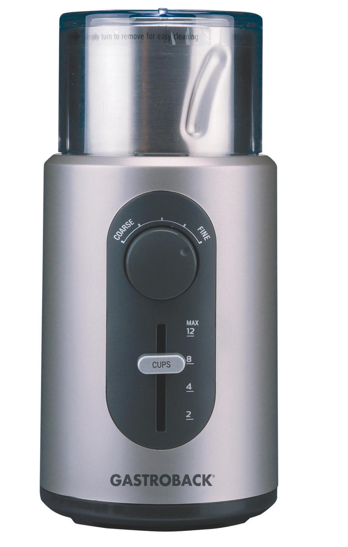 Srebrny młynek do kawy z pokrętłem do ustawień grubych/drobnych.