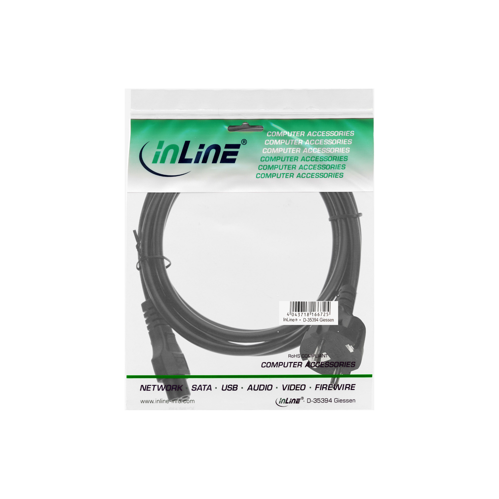 Transparente Plastiktüte mit einem schwarzen Netzkabel und dem inLine-Logo und -Text.