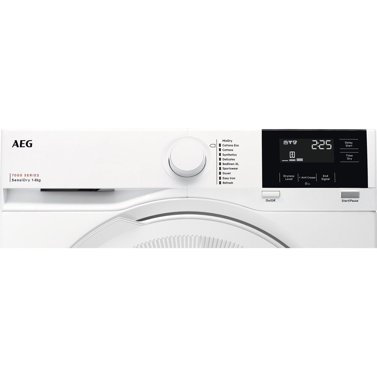 White AEG 7000 series dryer. Front view, controls and display visible. White background.