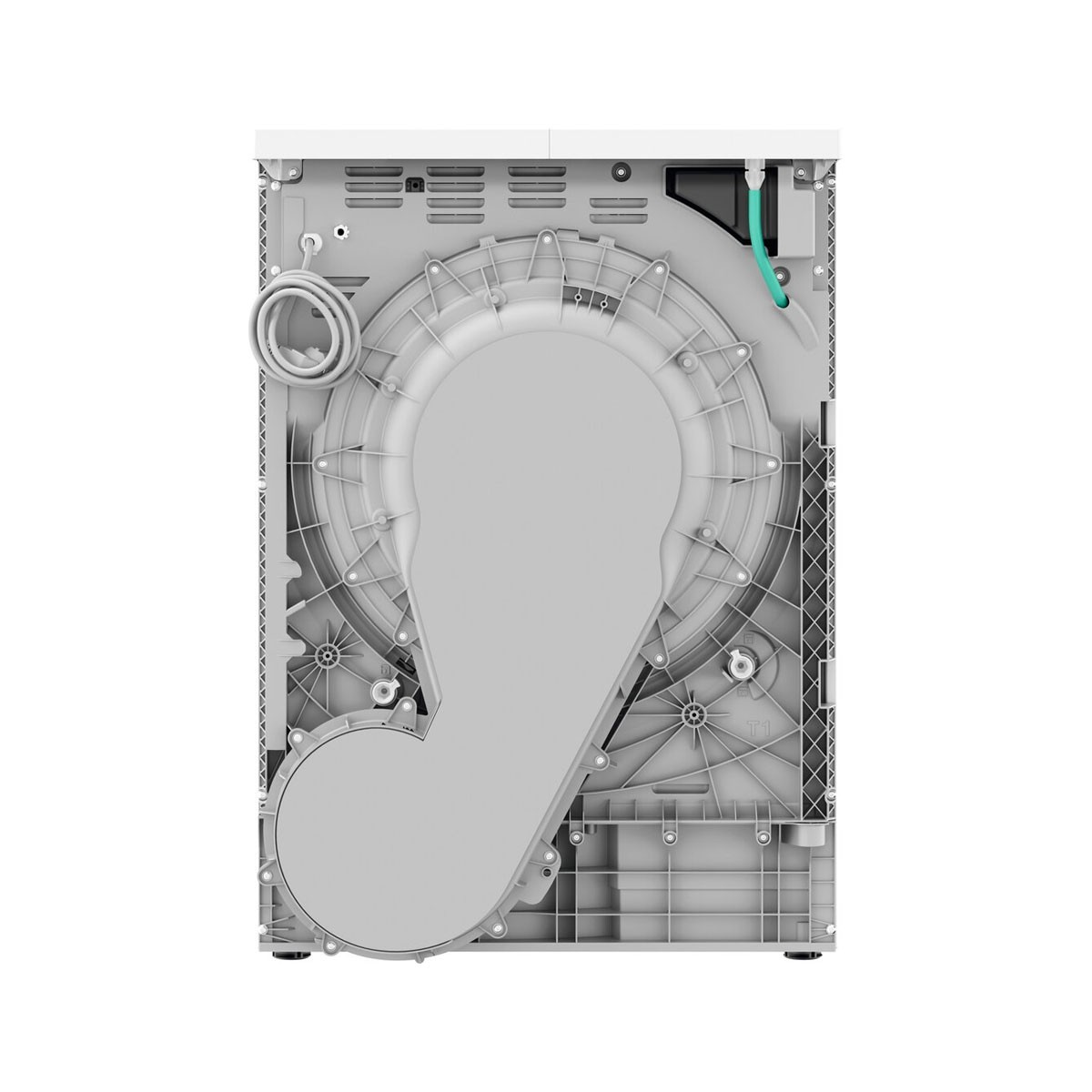The back of a white washing machine, showing the internal components and connections.