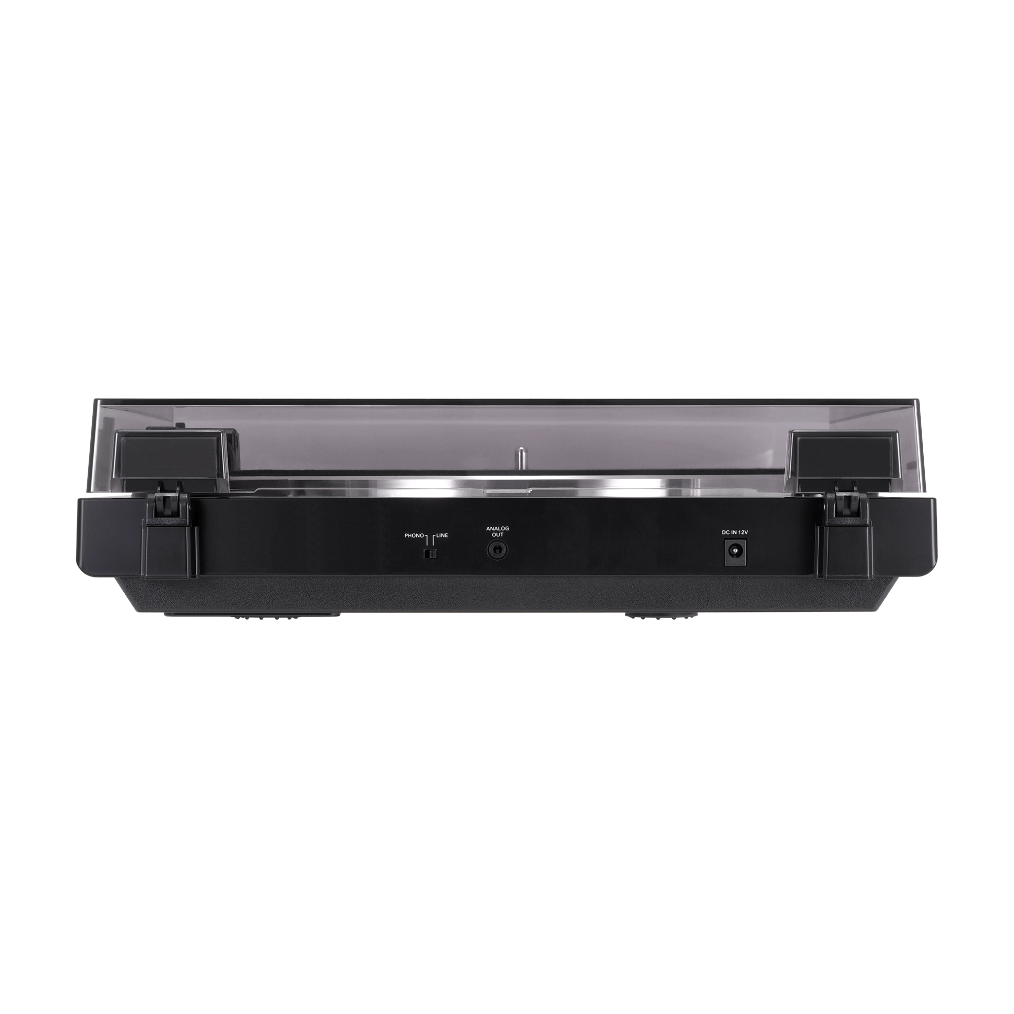 Tocadiscos negro con puertos y una cubierta transparente. Visto desde atrás sobre fondo blanco.
