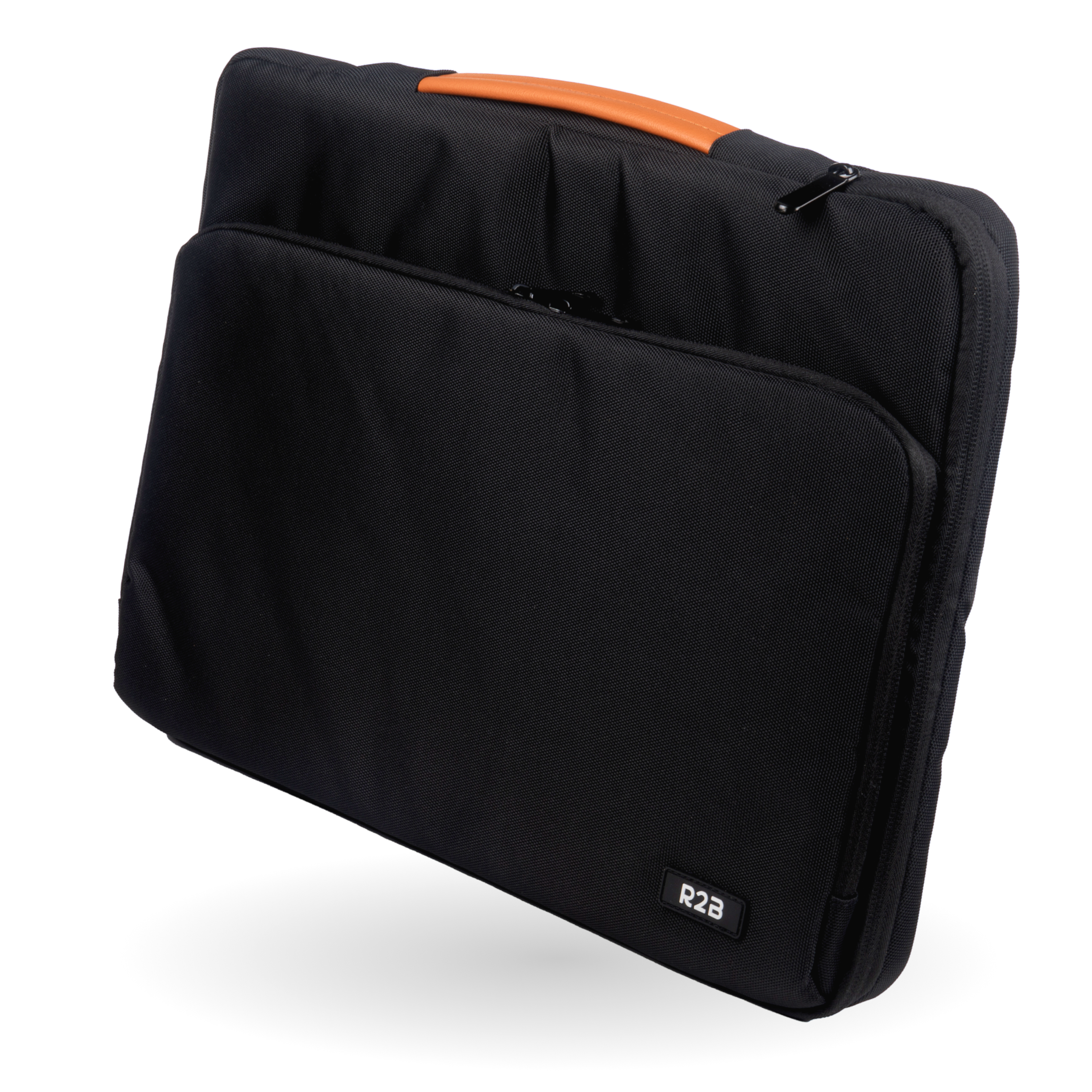 Housse d'ordinateur portable noire avec poignée orange sur fond blanc.