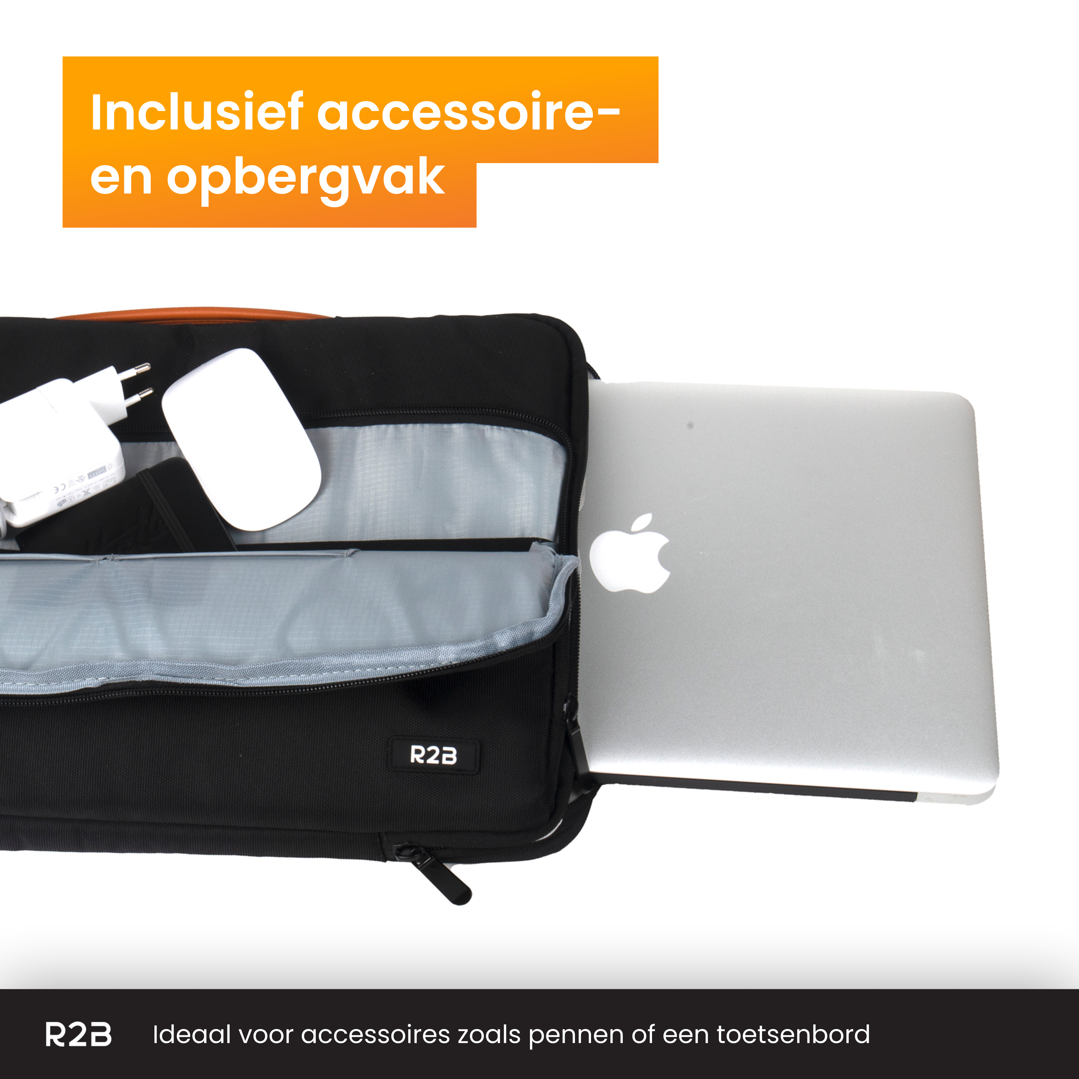 Sacoche d'ordinateur portable noir avec accessoires, dont un chargeur et souris blancs, sur blanc.