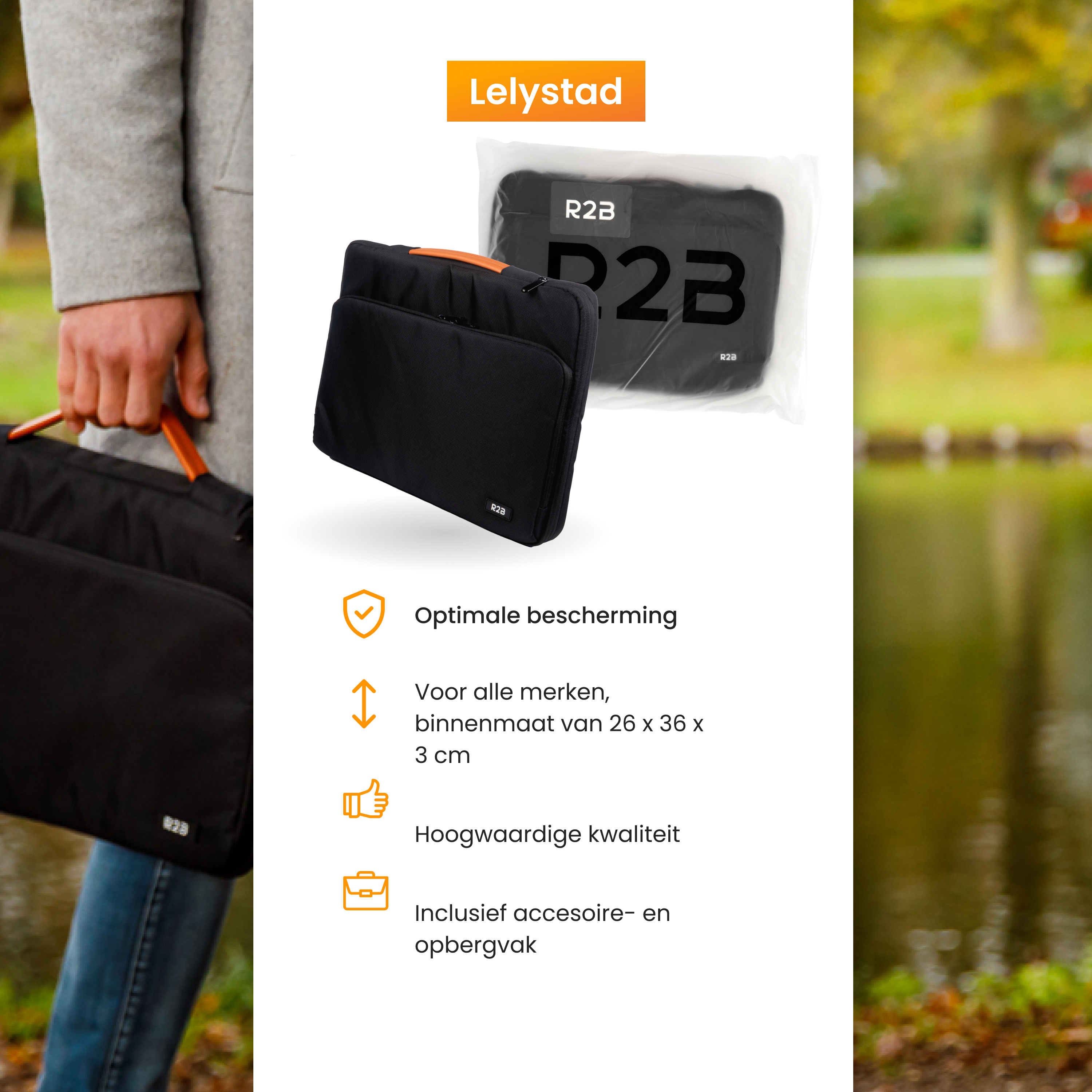 Housse d'ordinateur portable noire sur fond de texte et nature.