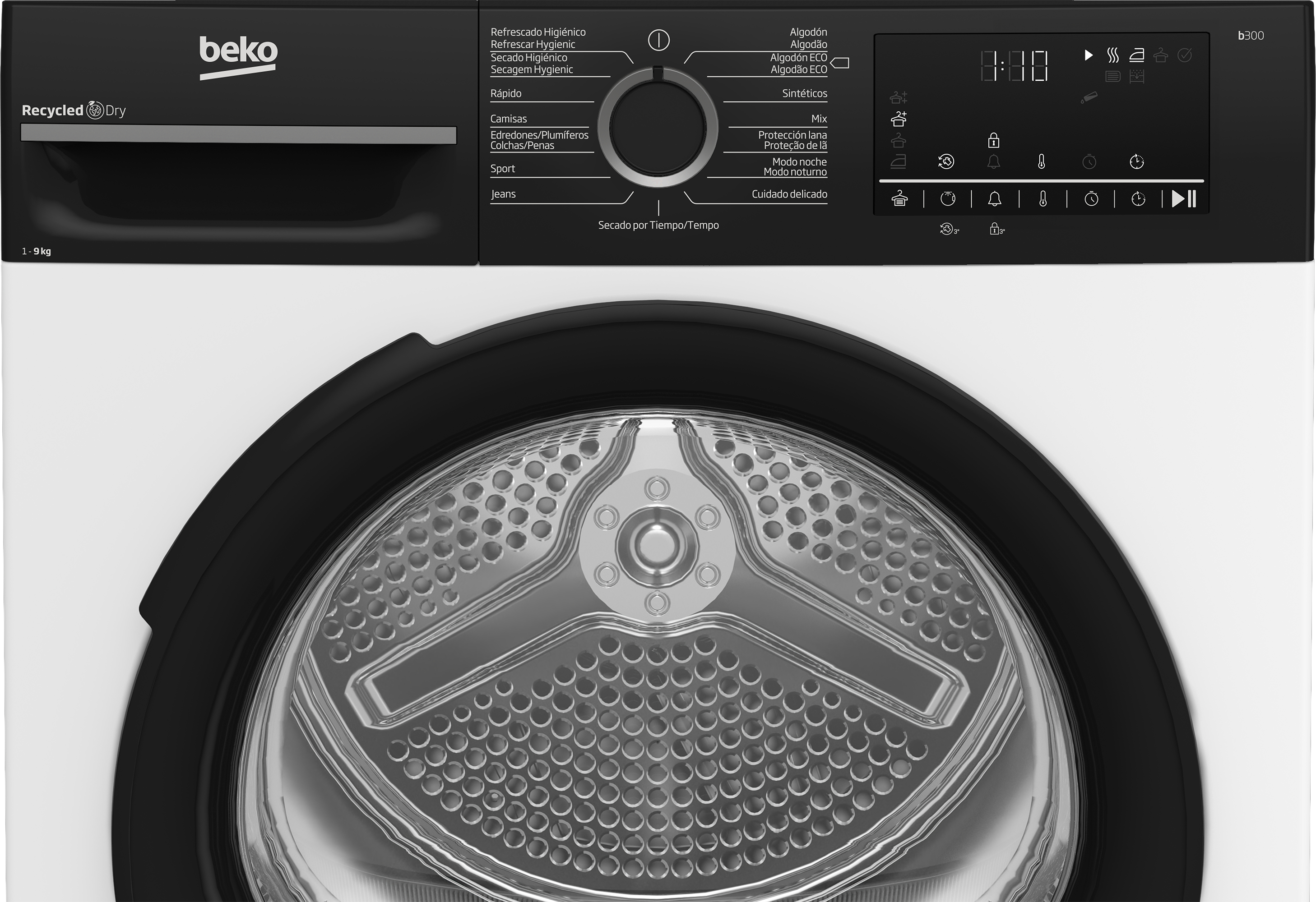 Czarny panel przedni suszarki z wieloma opcjami programów i wyświetlaczem.