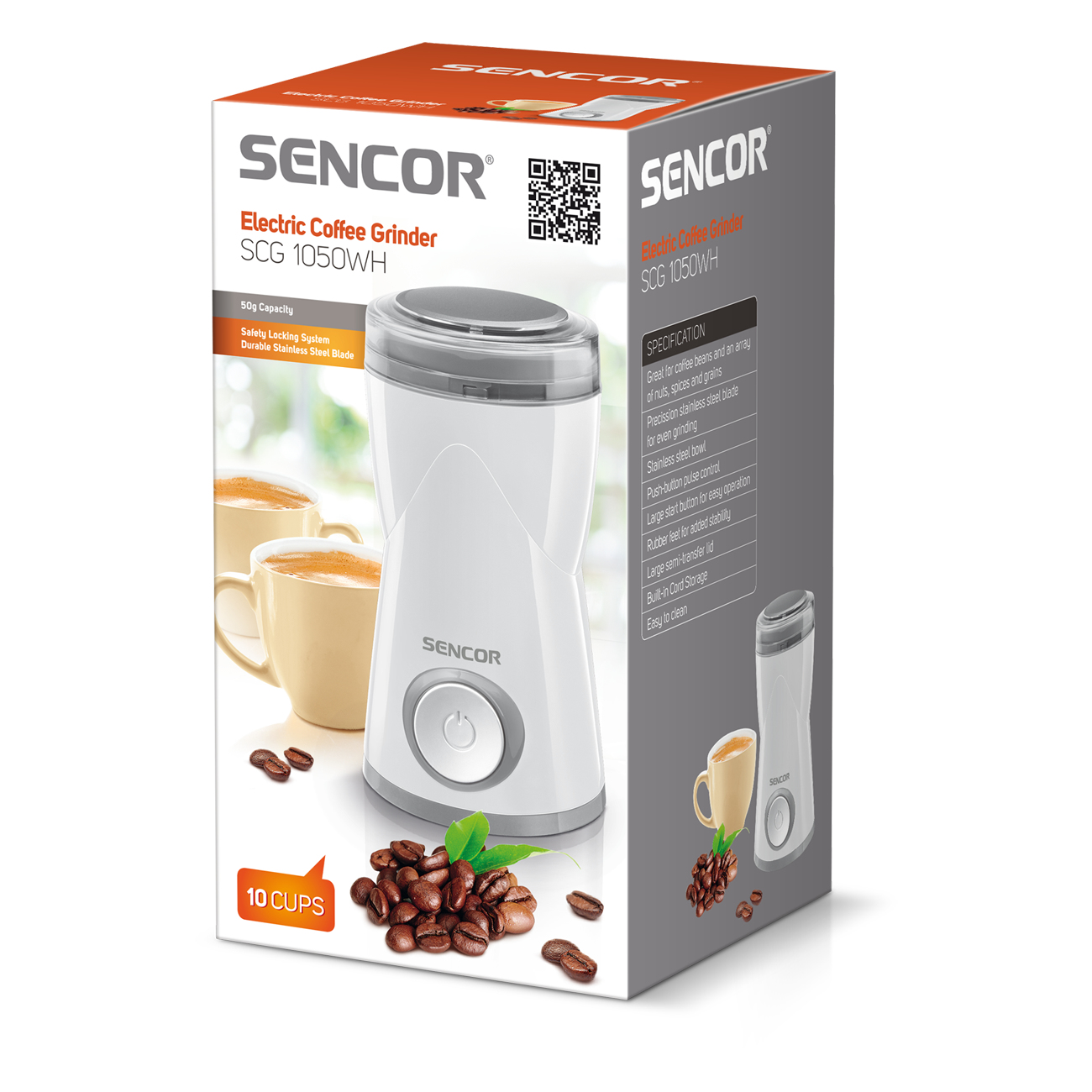 Schachtel einer weißen Sencor Kaffeemühle. Die Schachtel zeigt die Mühle, Kaffeebohnen und Kaffeetassen.