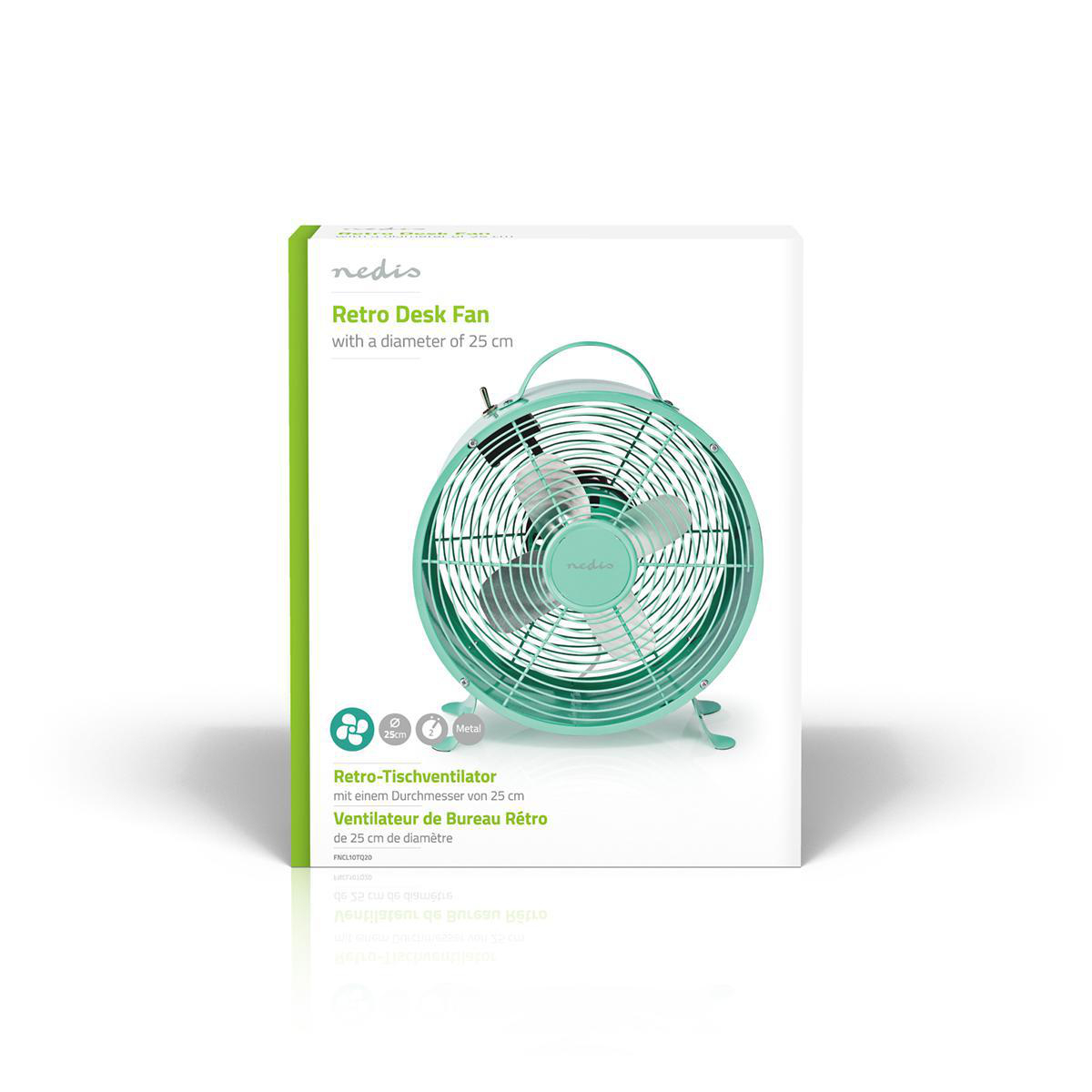 Ventilatore da scrivania retrò verde menta con gabbia e supporto circolari, in una scatola bianca.