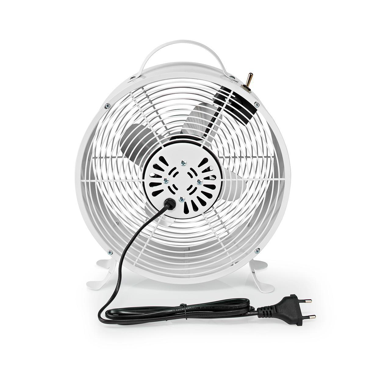 Ventilatore bianco con maniglia, cavo di alimentazione nero e spina, su superficie bianca.