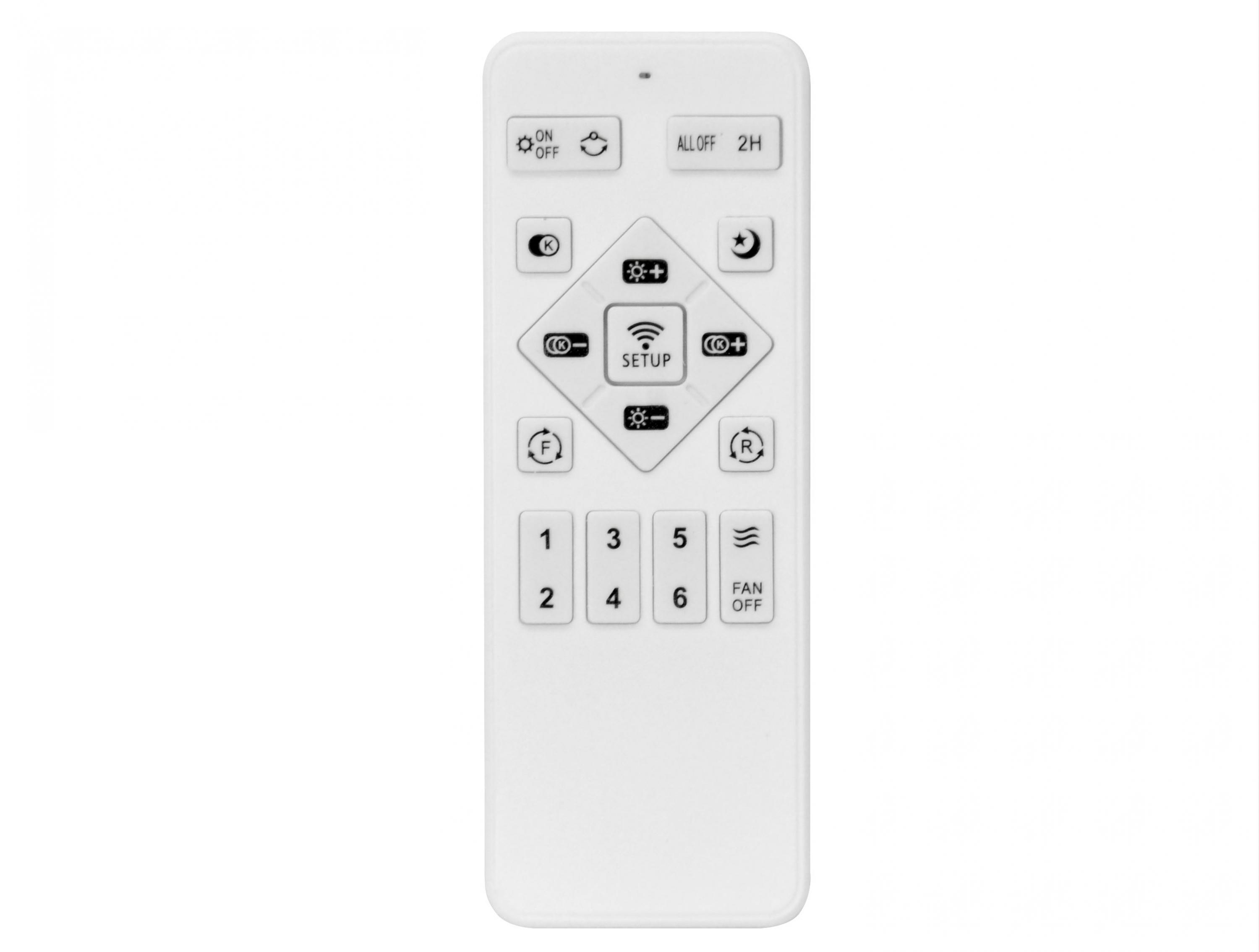 Un control remoto blanco con botones 'ON/OFF', 'SETUP' y números 1-6.