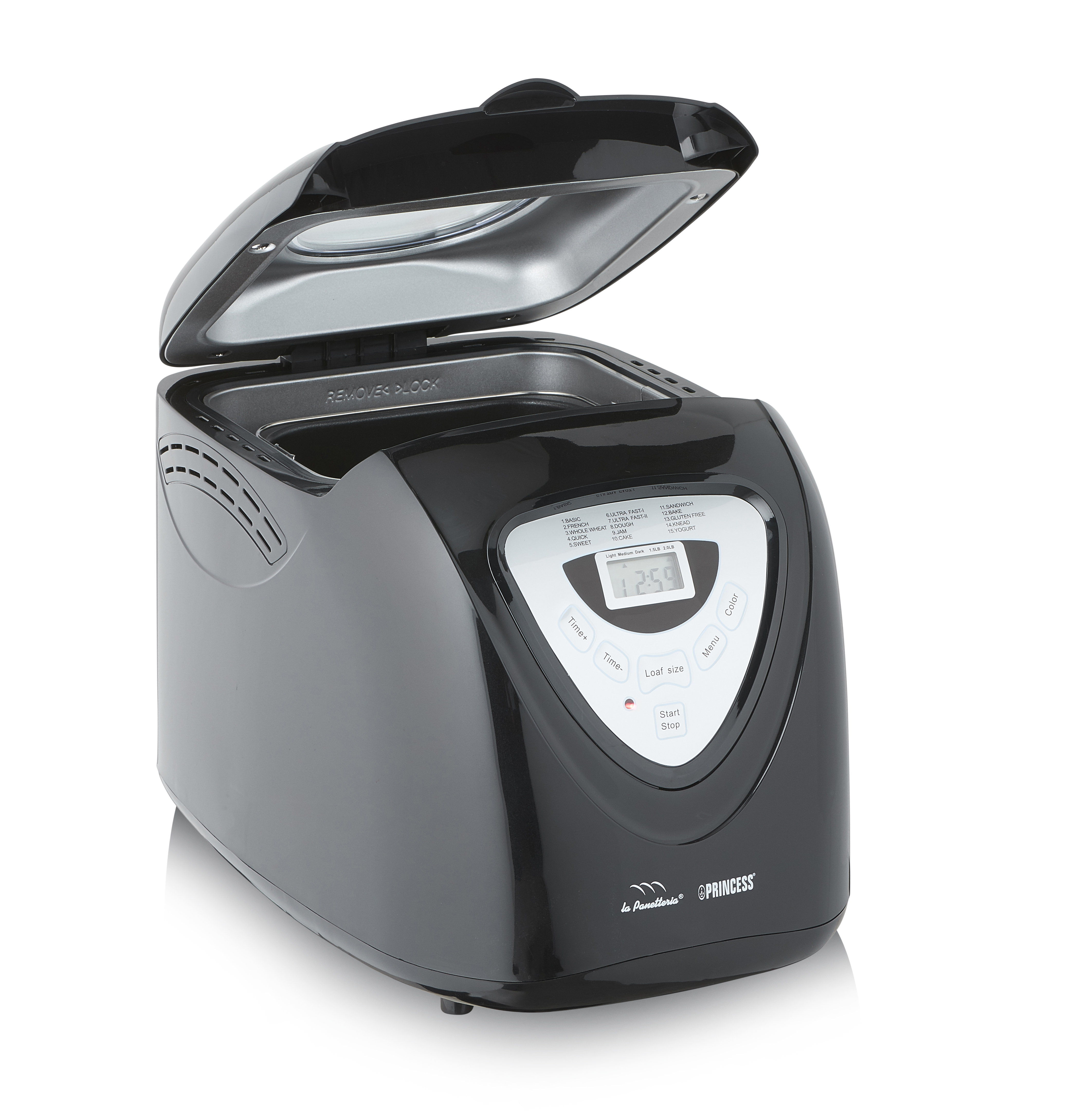 Czarna maszyna do pieczenia chleba z otwartą pokrywą, widoczny wyświetlacz. Białe tło.