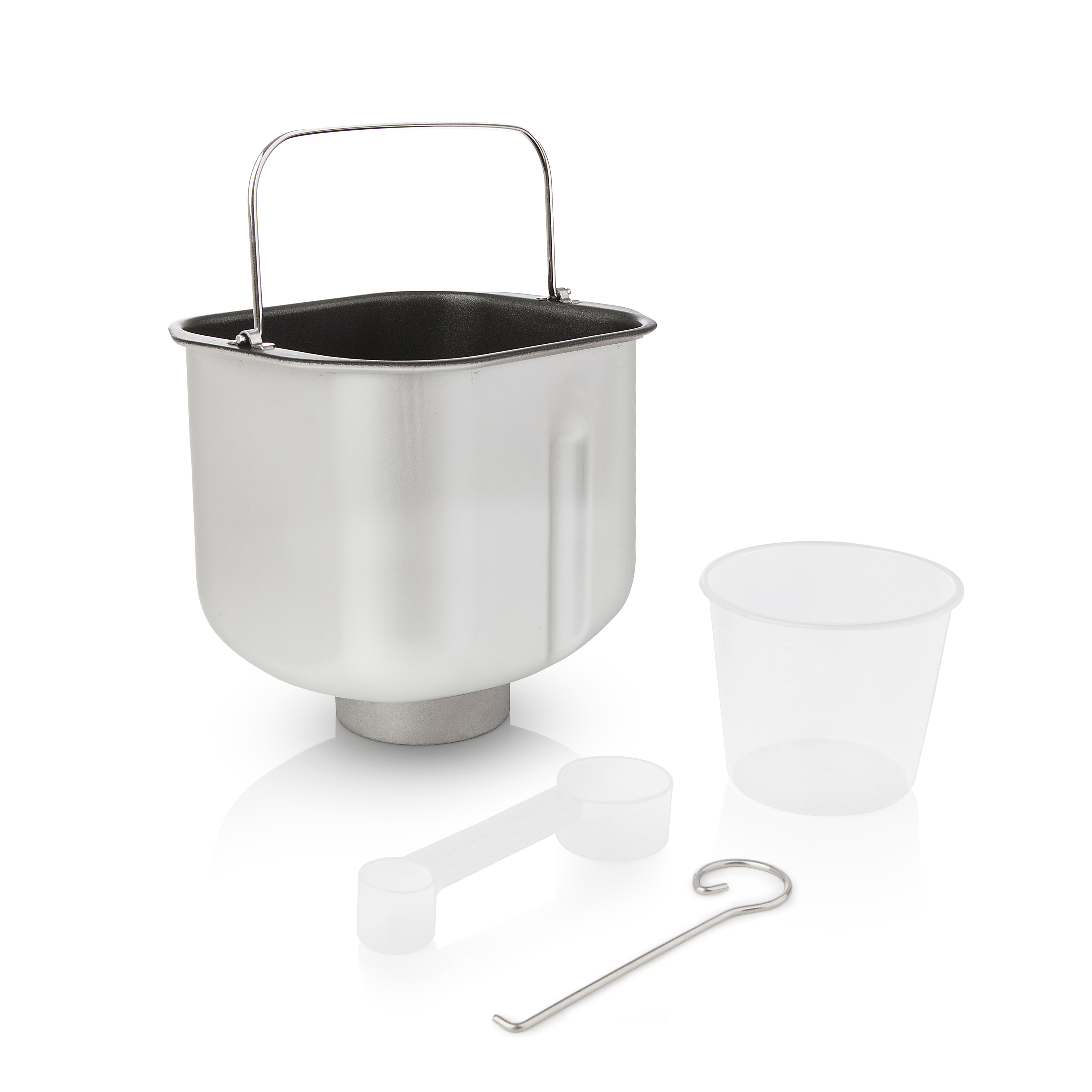 Części do wypieku chleba. Metalowa forma do chleba z uchwytem. Plastikowa miarka, łyżka i haczyk.