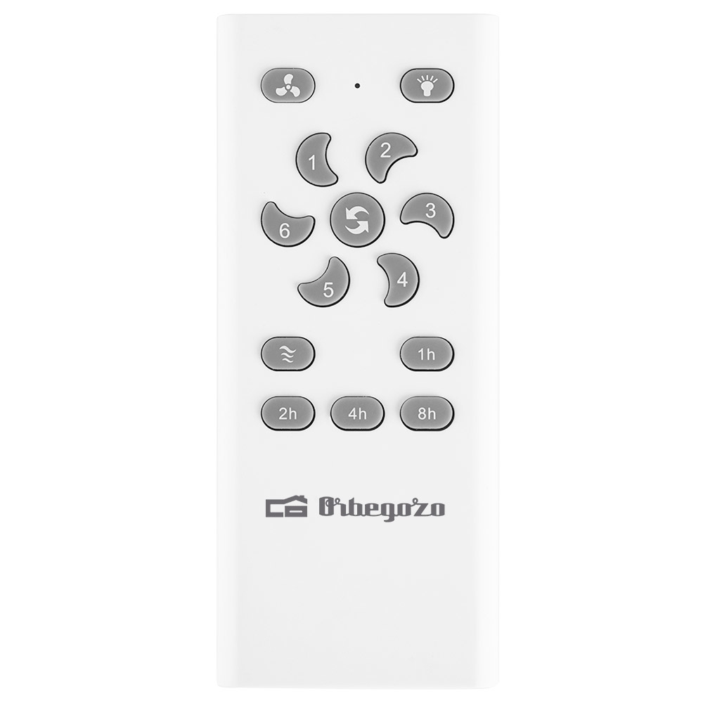 Mando a distancia blanco con botones para velocidad del ventilador y control de luz. Marca visible.