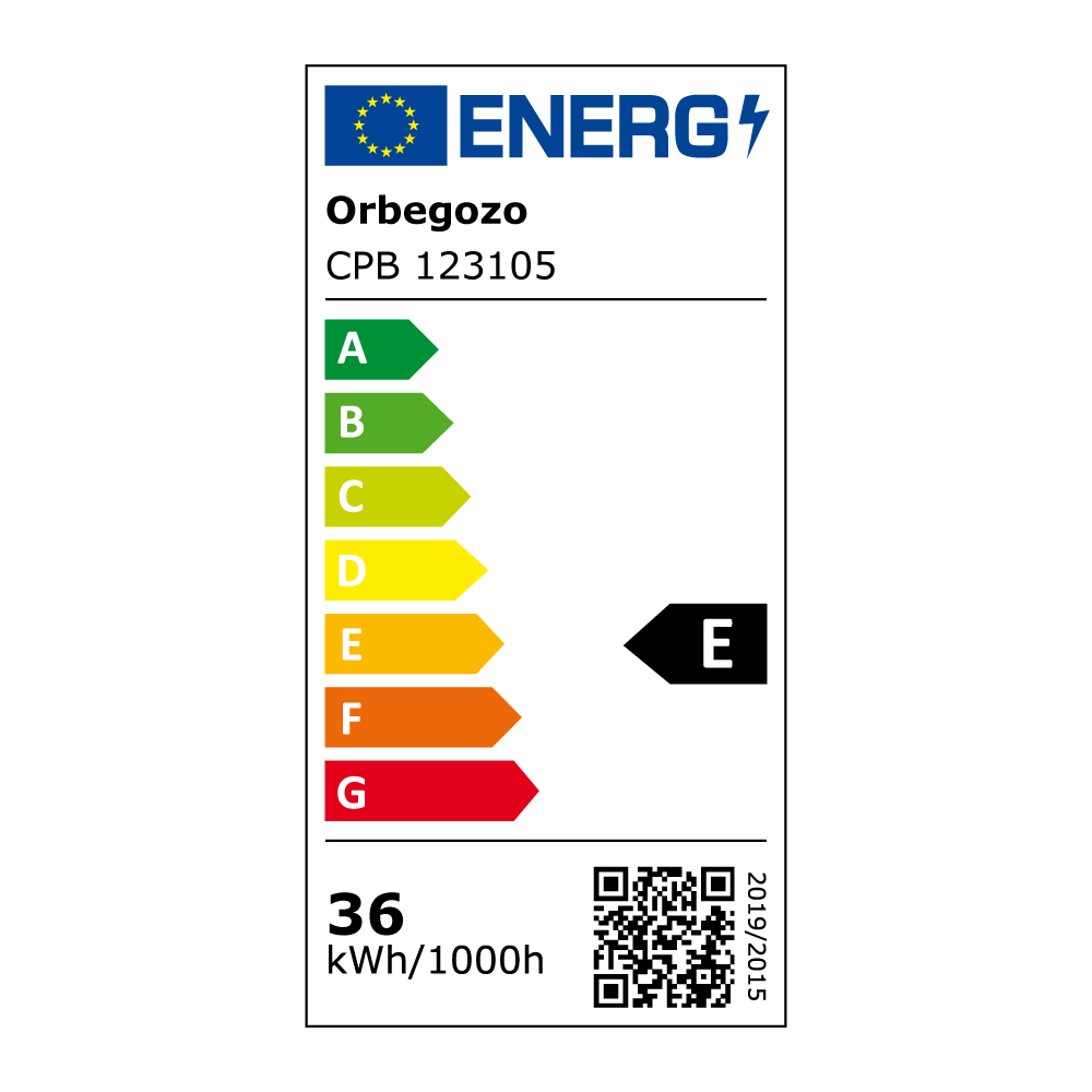 Una etiqueta energética Orbegozo que muestra información sobre eficiencia energética.