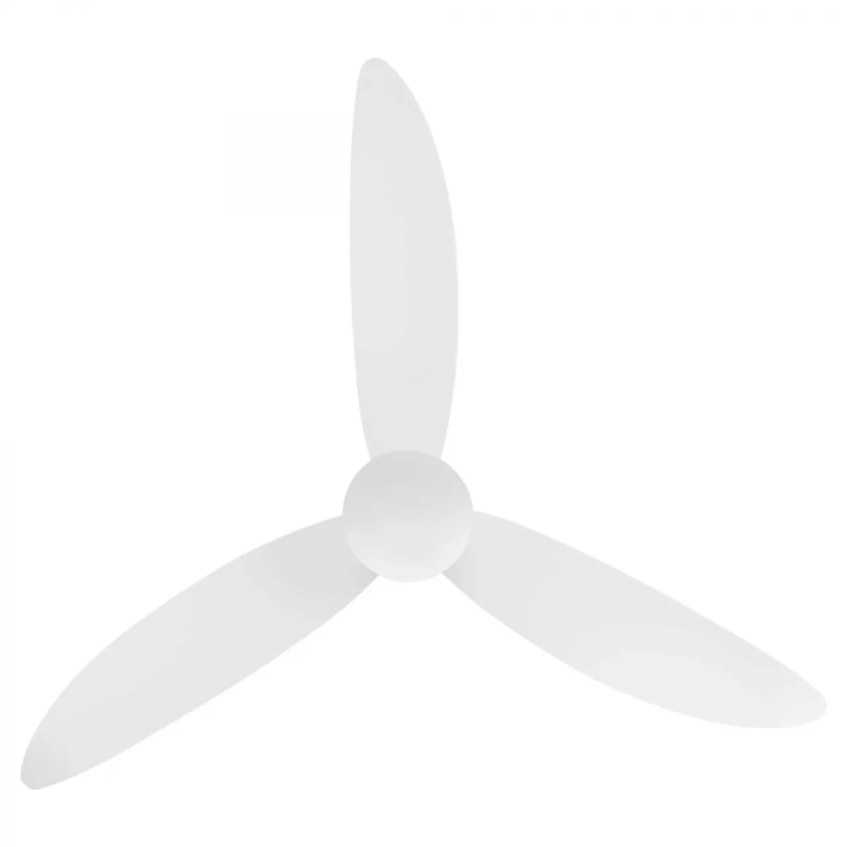 Biały wentylator sufitowy z trzema zakrzywionymi łopatkami, widok od dołu.