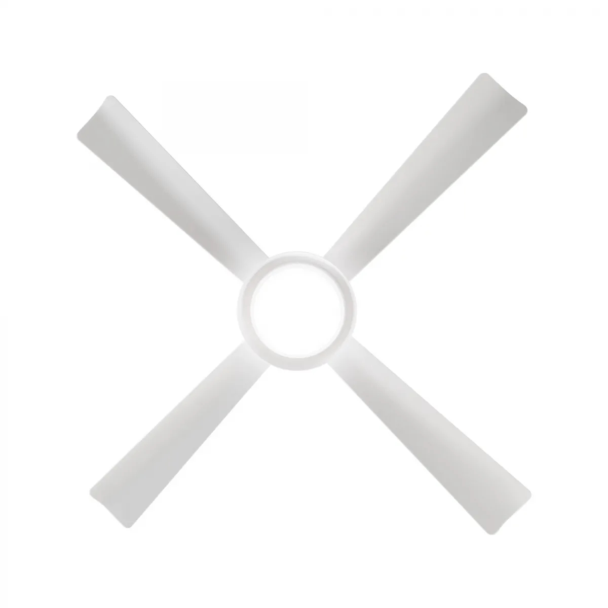 A ceiling fan with four white blades, viewed from below.