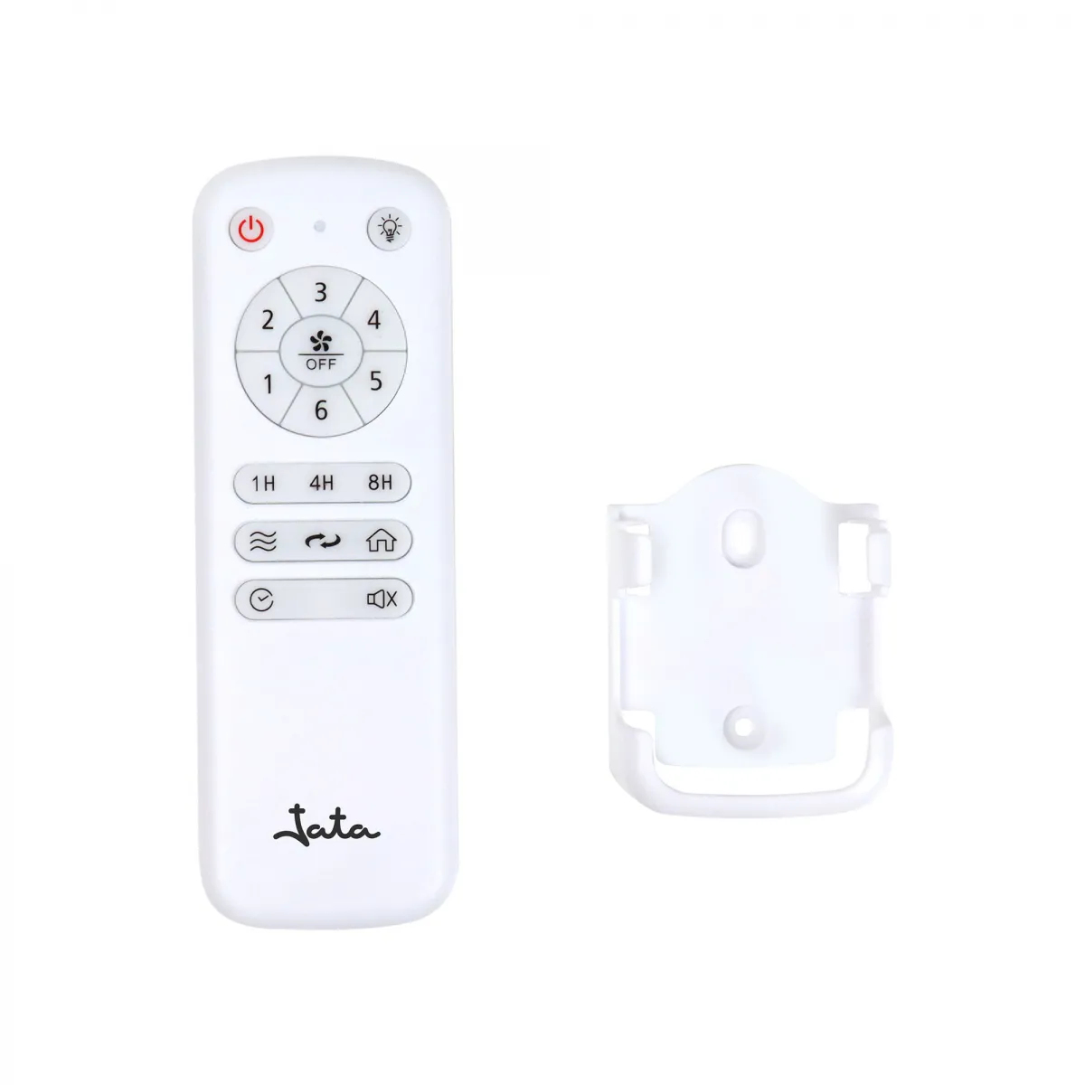 White remote control with several buttons and a bracket. Buttons include power, fan speed, timer, and swing.