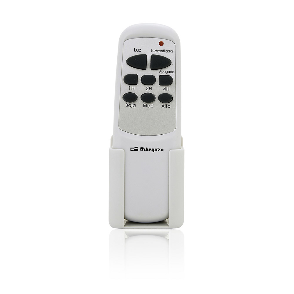 Telecomando bianco con pulsanti per il controllo della luce e della ventola. Include un supporto.