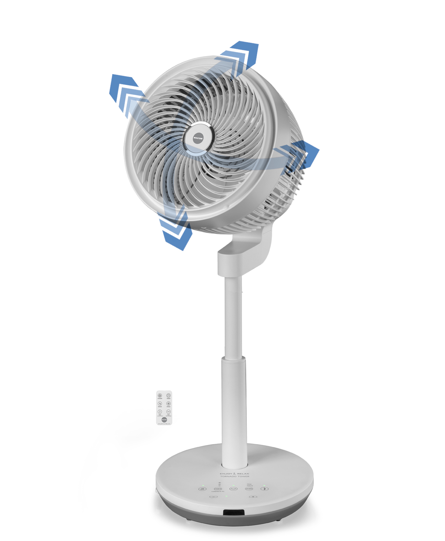 Biały wentylator stojący z okrągłą podstawą. Strzałki pokazują przepływ powietrza. Wentylator ma pilota.