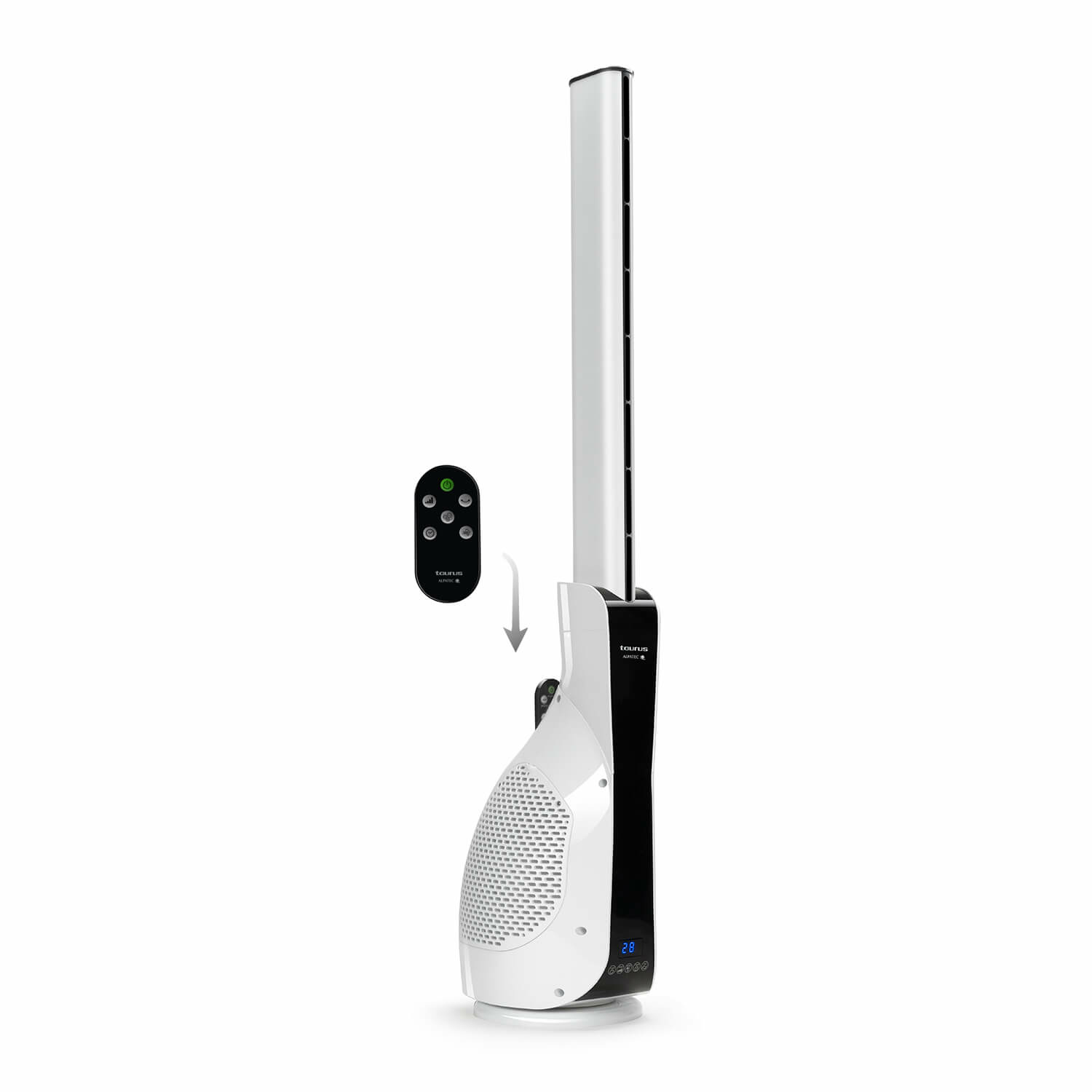 Un ventilador de torre blanco y negro con mando a distancia, sobre un fondo blanco.
