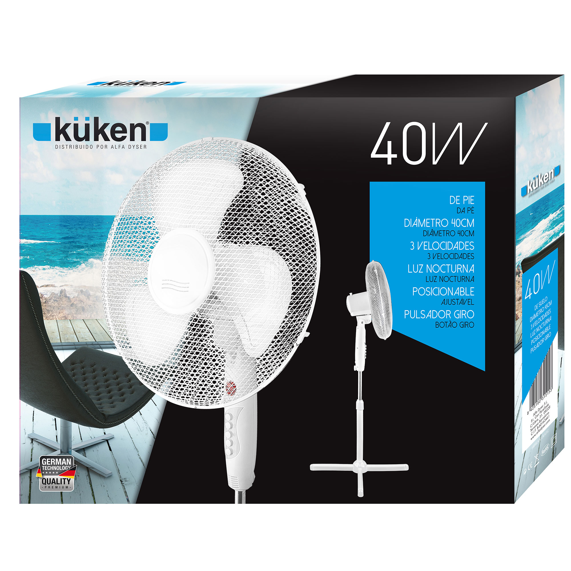 Biały wentylator stojący Küken w pudełku. Ma biały wentylator i biały stojak. Czarno-białe tło.