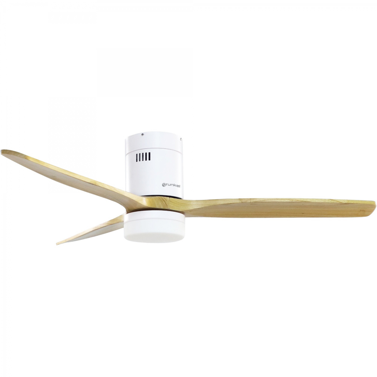 Biały i drewniany wentylator sufitowy. Ma dwa drewniane skrzydła i światło.