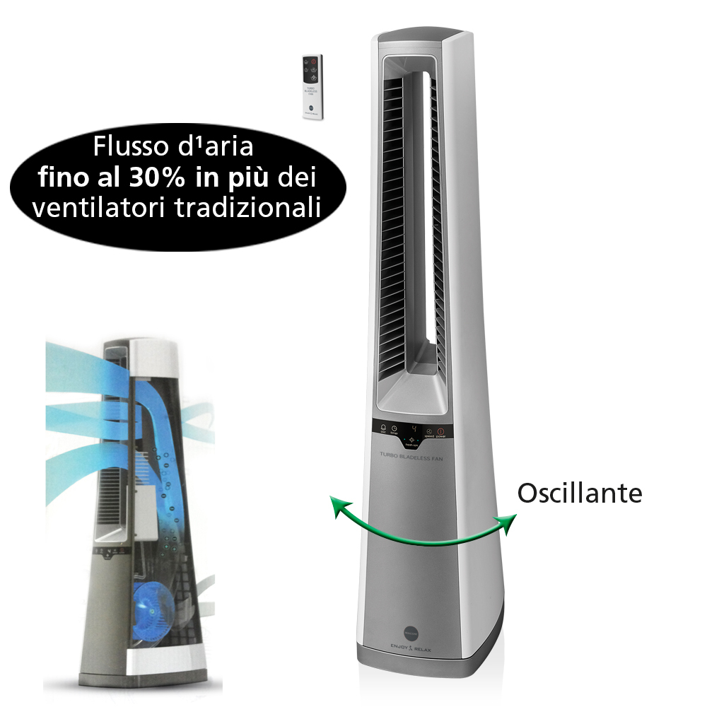 Wysoki srebrny wentylator. Pokazuje przepływ powietrza i specyfikacje. Tekst: do 30% więcej powietrza.