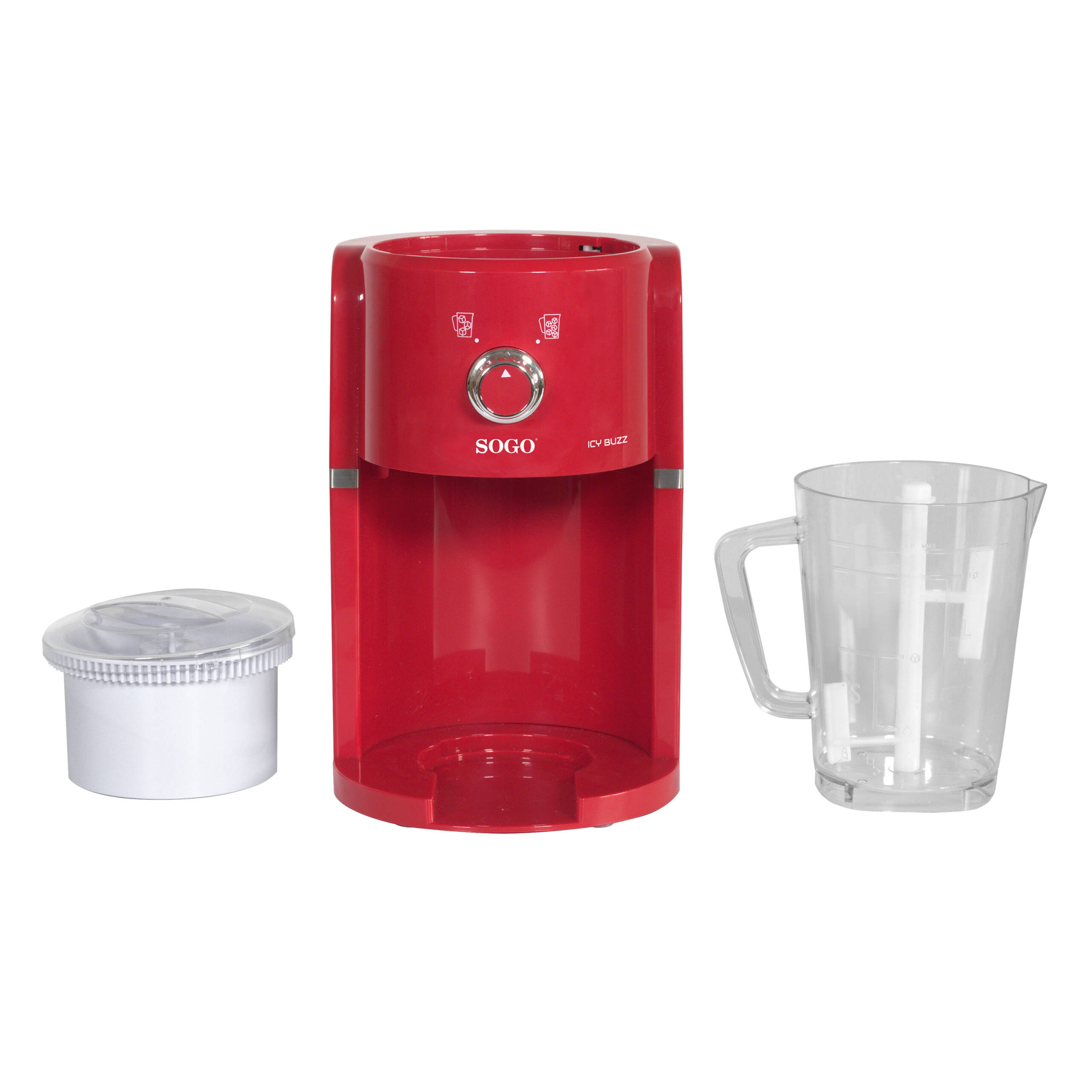 Máquina de hielo SOGO roja. Tiene un recipiente blanco y una jarra transparente. Fondo blanco.