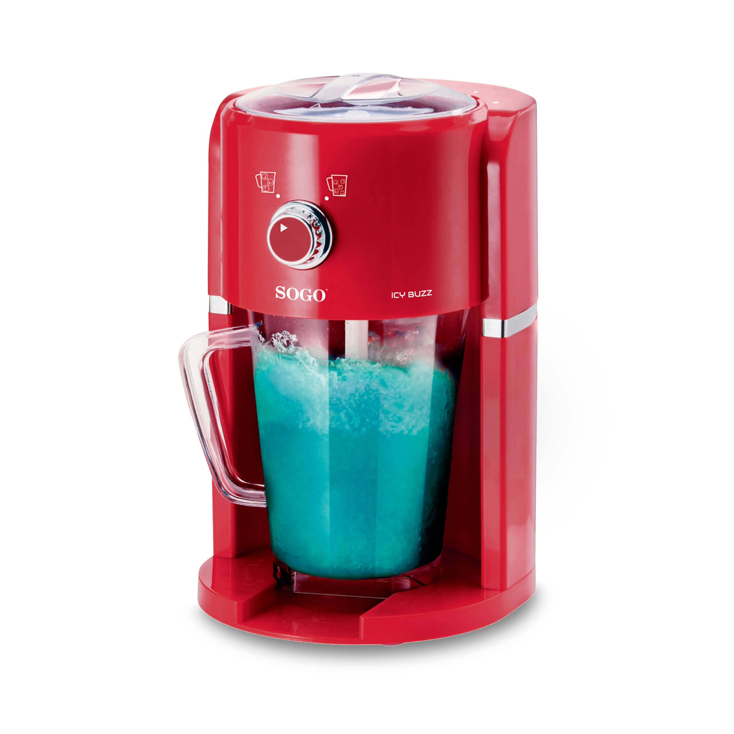 Máquina de hielo SOGO roja con una bebida granizada azul en un recipiente transparente.