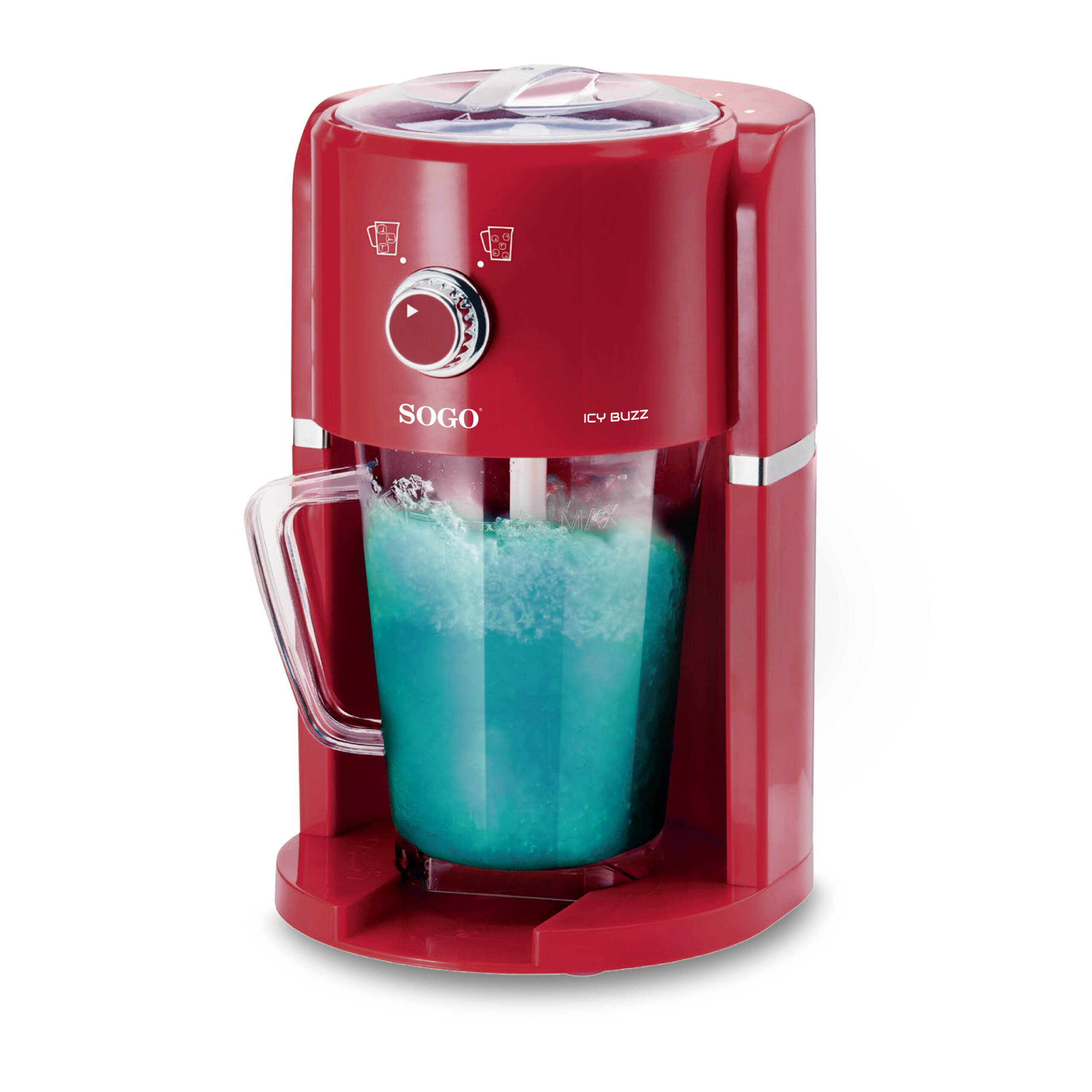 Máquina de hielo roja SOGO con recipiente de vidrio lleno de granizado azul.