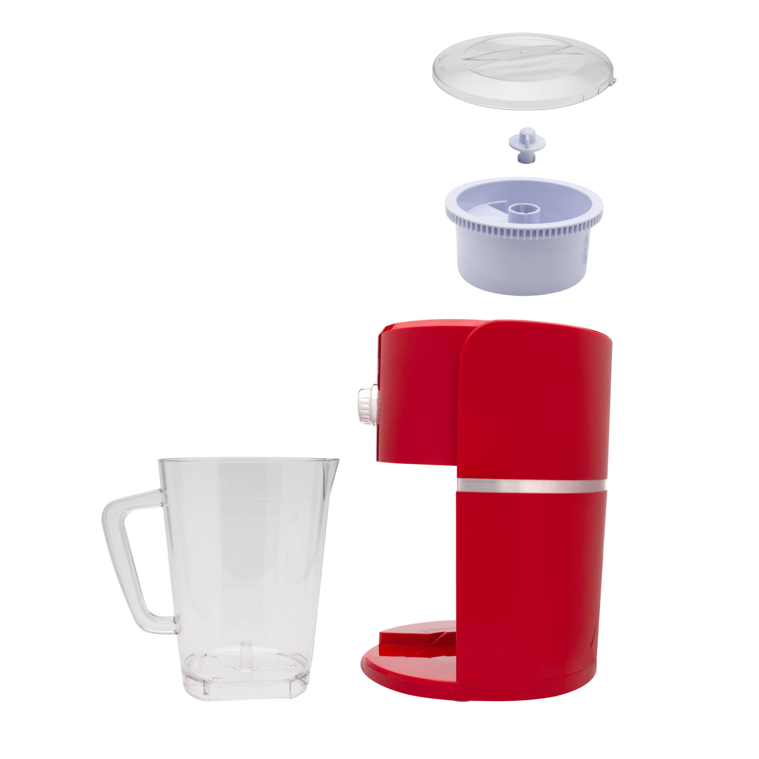 Máquina de hielo roja con piezas separadas: tapa, recipiente de hielo y jarra transparente.