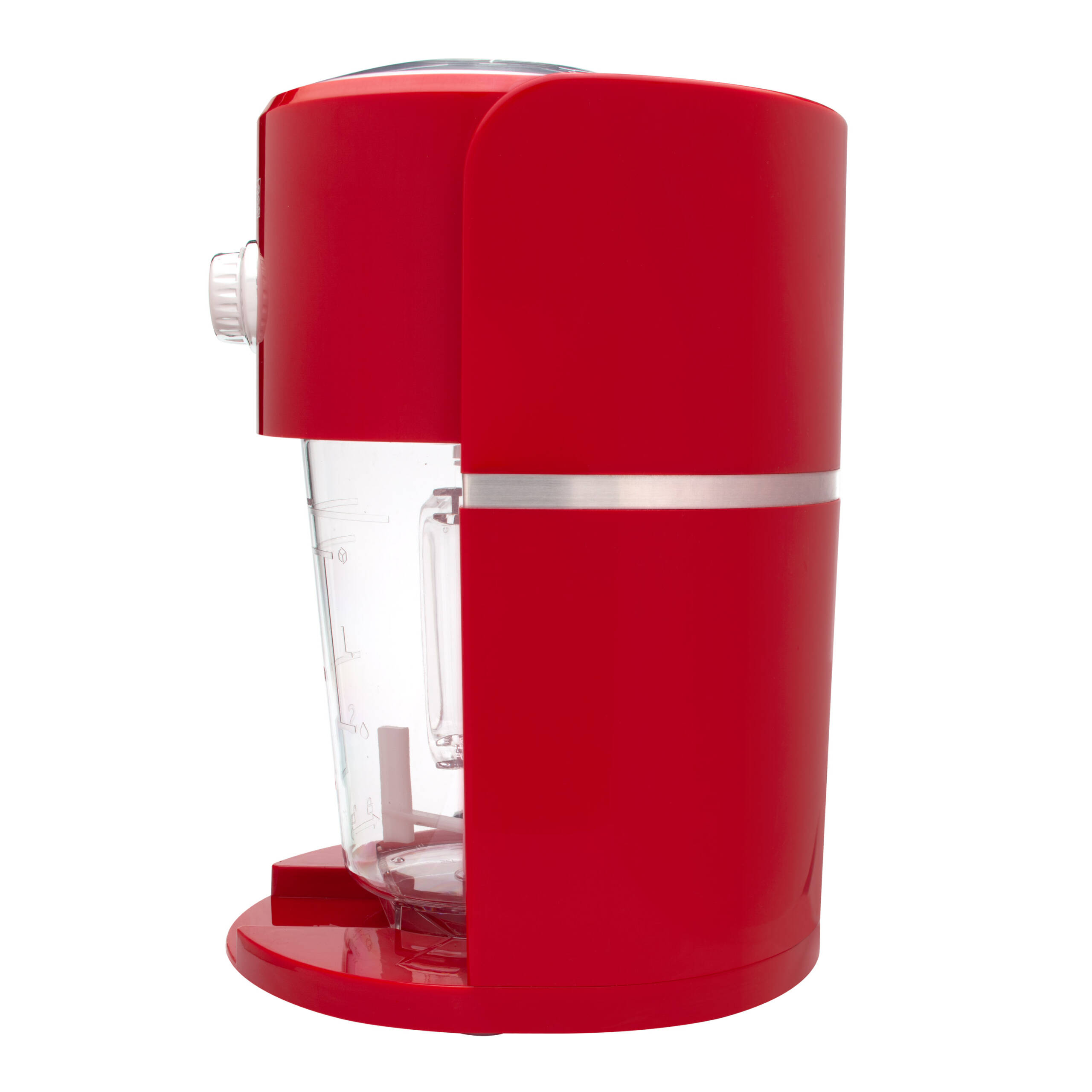 Máquina roja para hacer hielo picado. El recipiente transparente es visible y la máquina está sobre un fondo blanco.