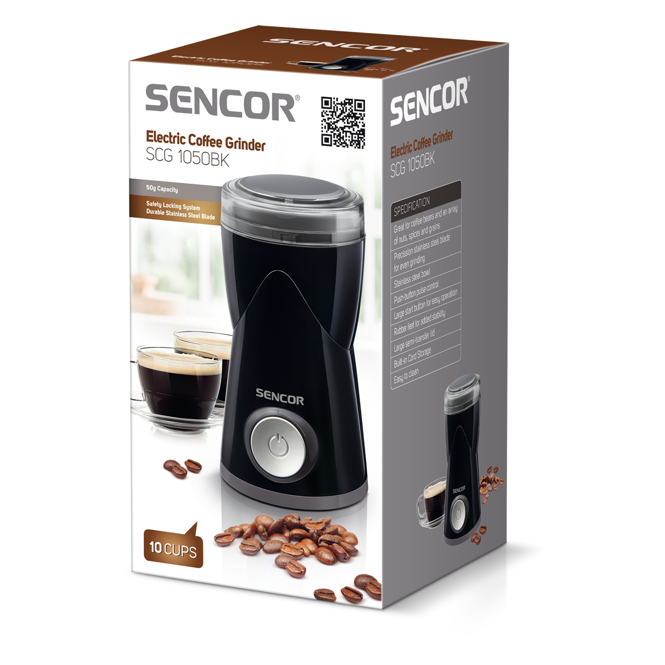 Scatola di un macinacaffè Sencor nero. La scatola mostra il macinacaffè, i chicchi di caffè e le tazze di caffè.