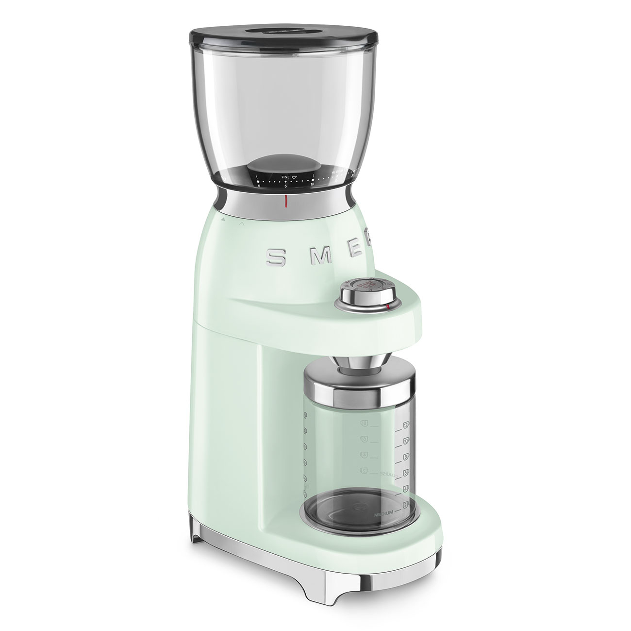 Molinillo de café verde menta con recipiente transparente para granos y tapa negra con ajustes.