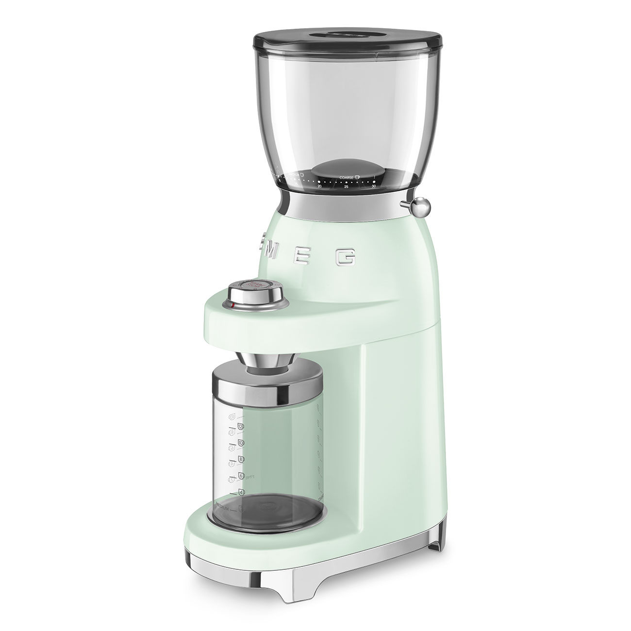 Molinillo de café Smeg verde menta con un recipiente de granos transparente.