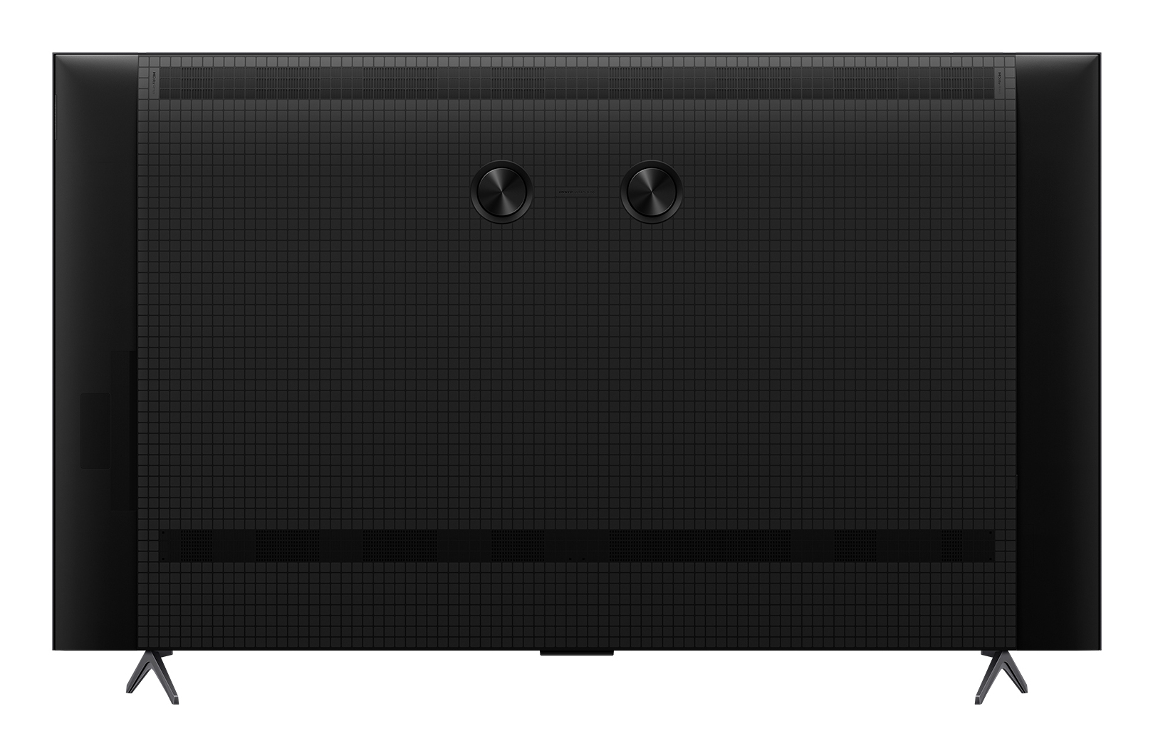 Tył czarnego telewizora. Ma wzór kratki, dwa koła i nogi. Czarna ramka.