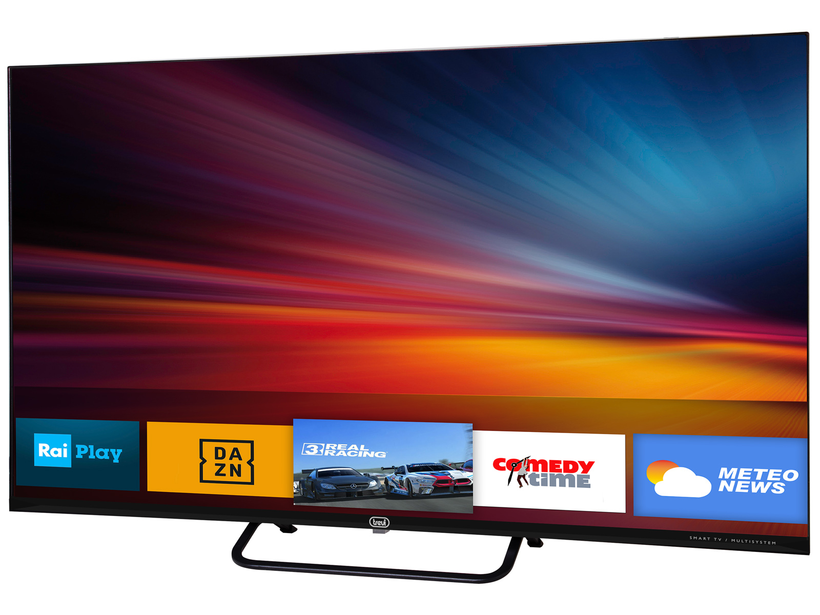 Duży telewizor z płaskim ekranem wyświetlający kolorowe abstrakcyjne tło z ikonami aplikacji na dole.