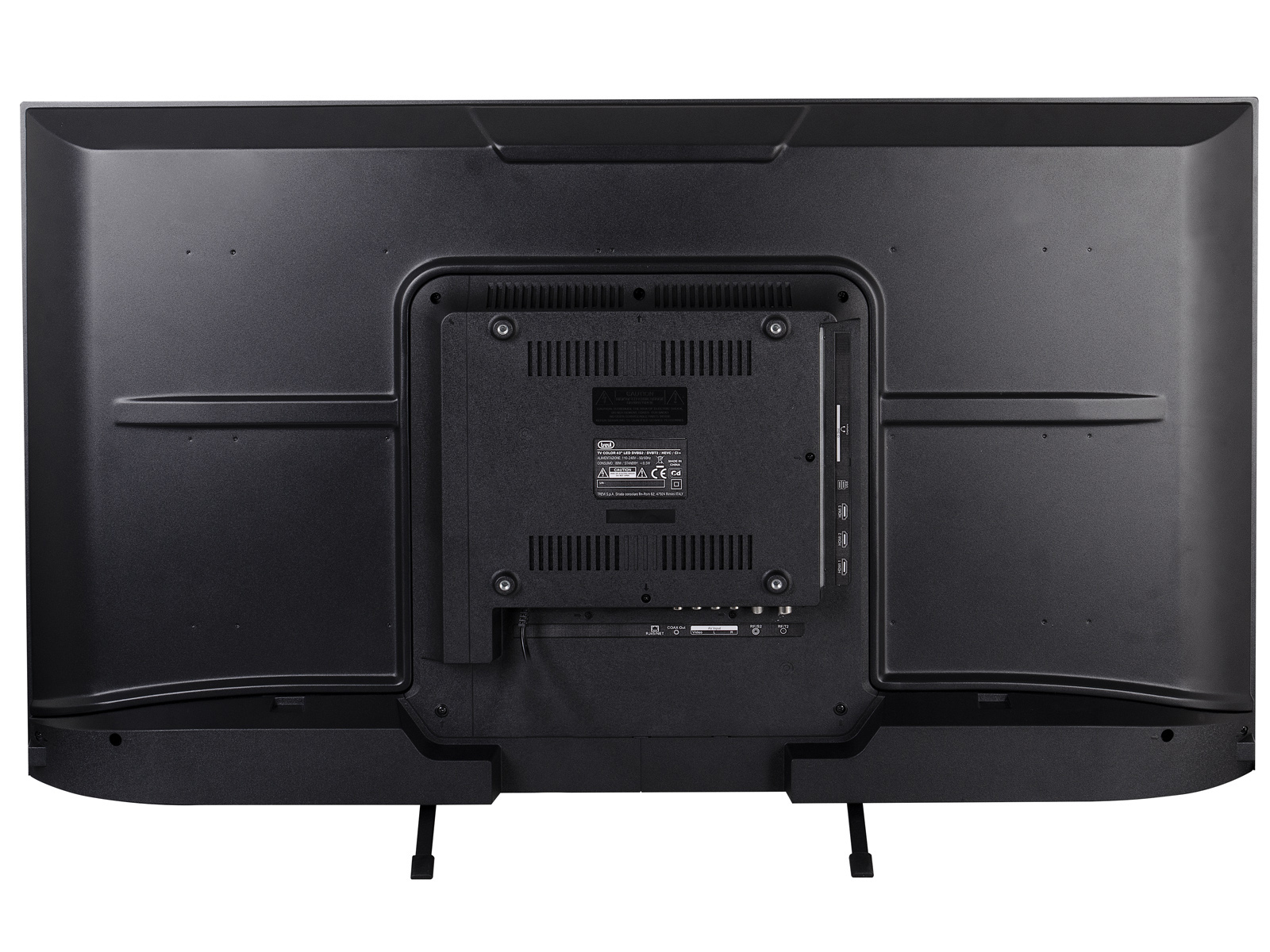 Czarny telewizor, widok z tyłu. Widoczne porty i połączenia. Dwie nogi, czarny, białe tło.