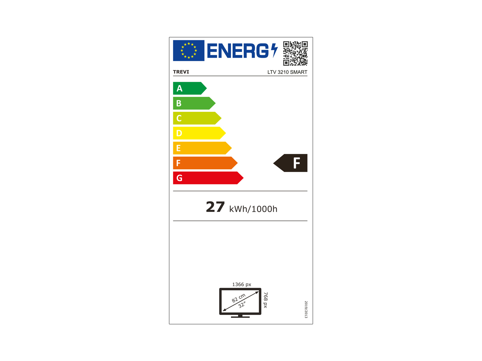 Etykieta energetyczna dla telewizora, wyświetlająca oceny efektywności, w tym ocenę 'F'. Pokazuje 27 kWh/1000h.