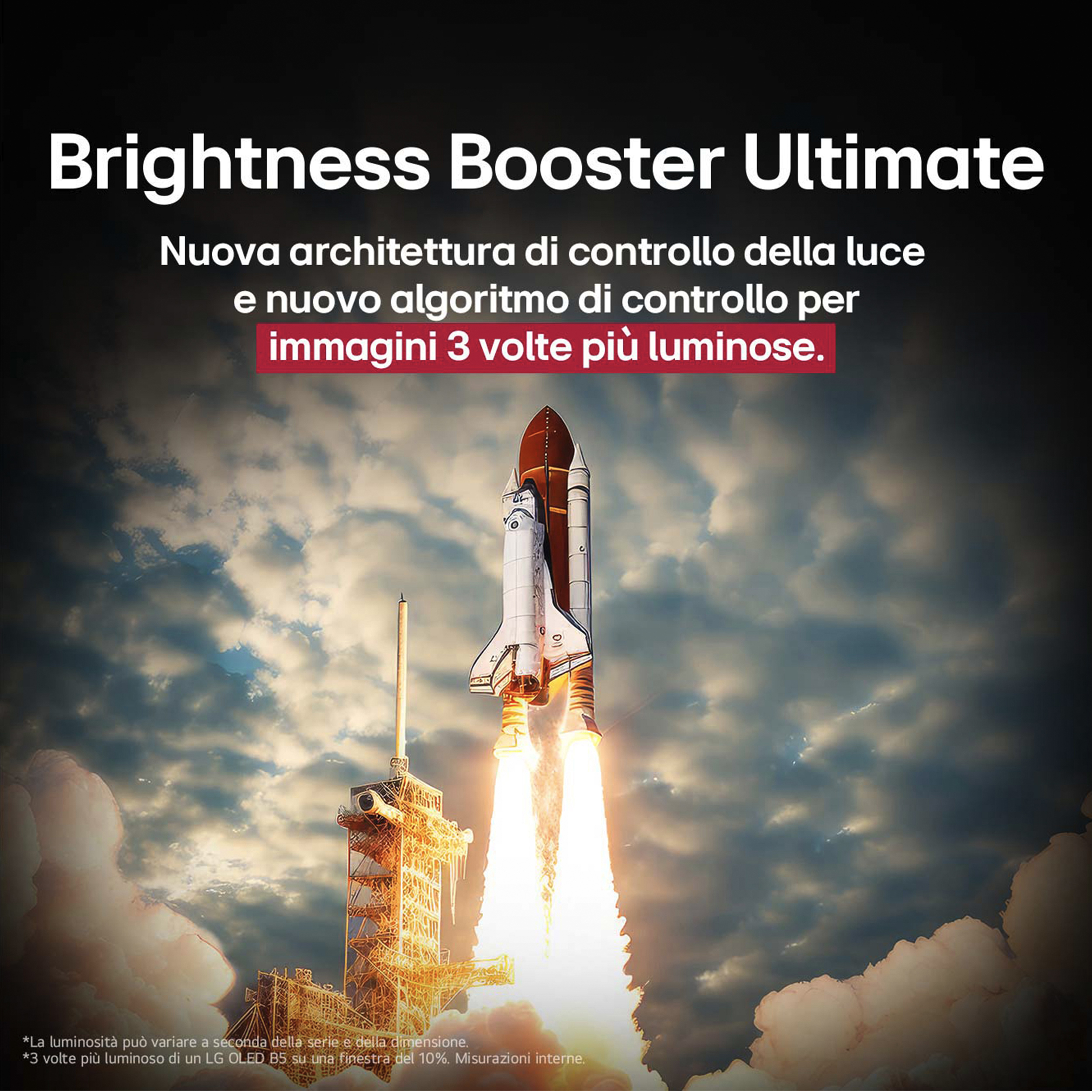 Una pubblicità mostra uno space shuttle che decolla con fiamme luminose contro un cielo nuvoloso.