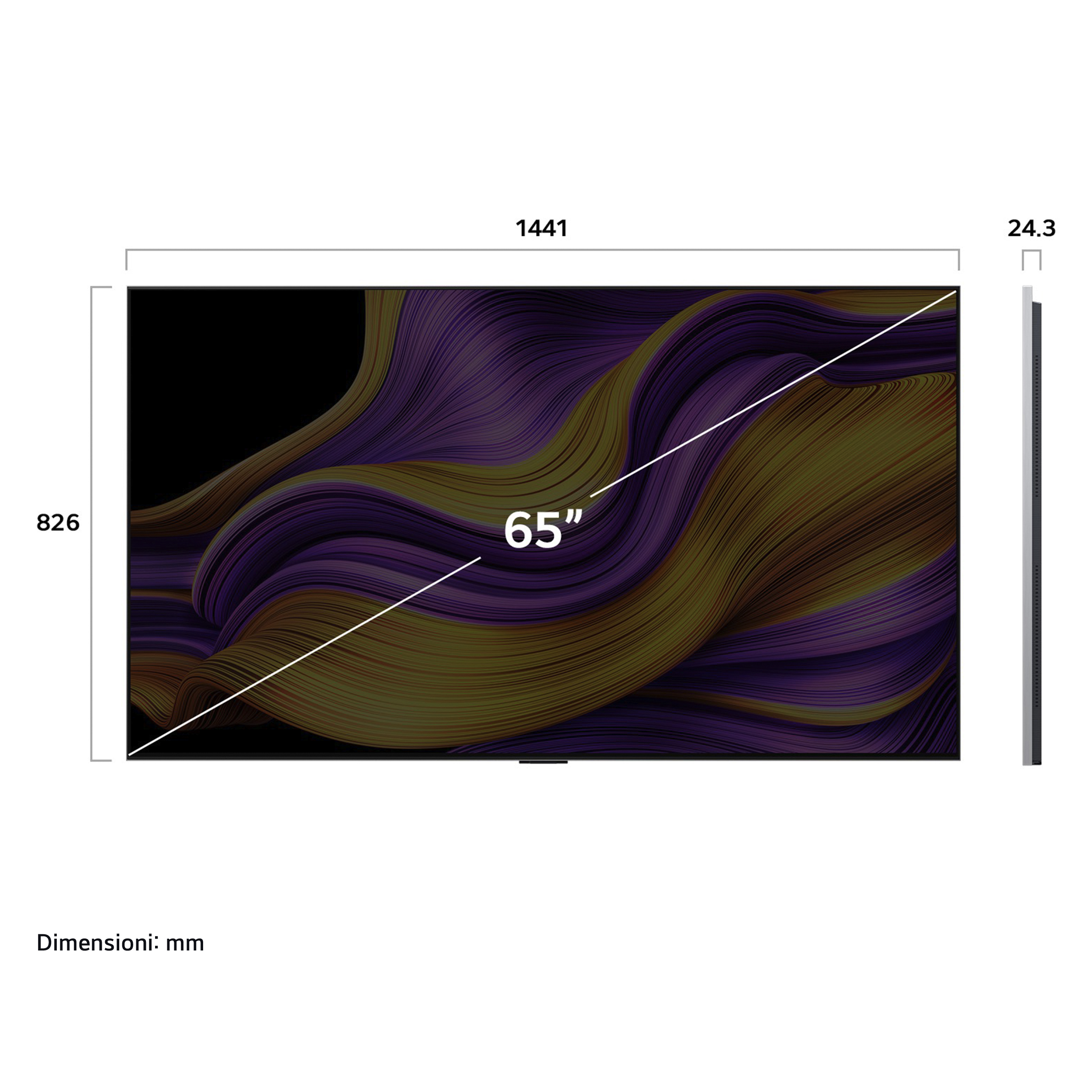 Uno schermo TV che mostra un design astratto colorato con dimensioni in mm: 1441x826x24.3.