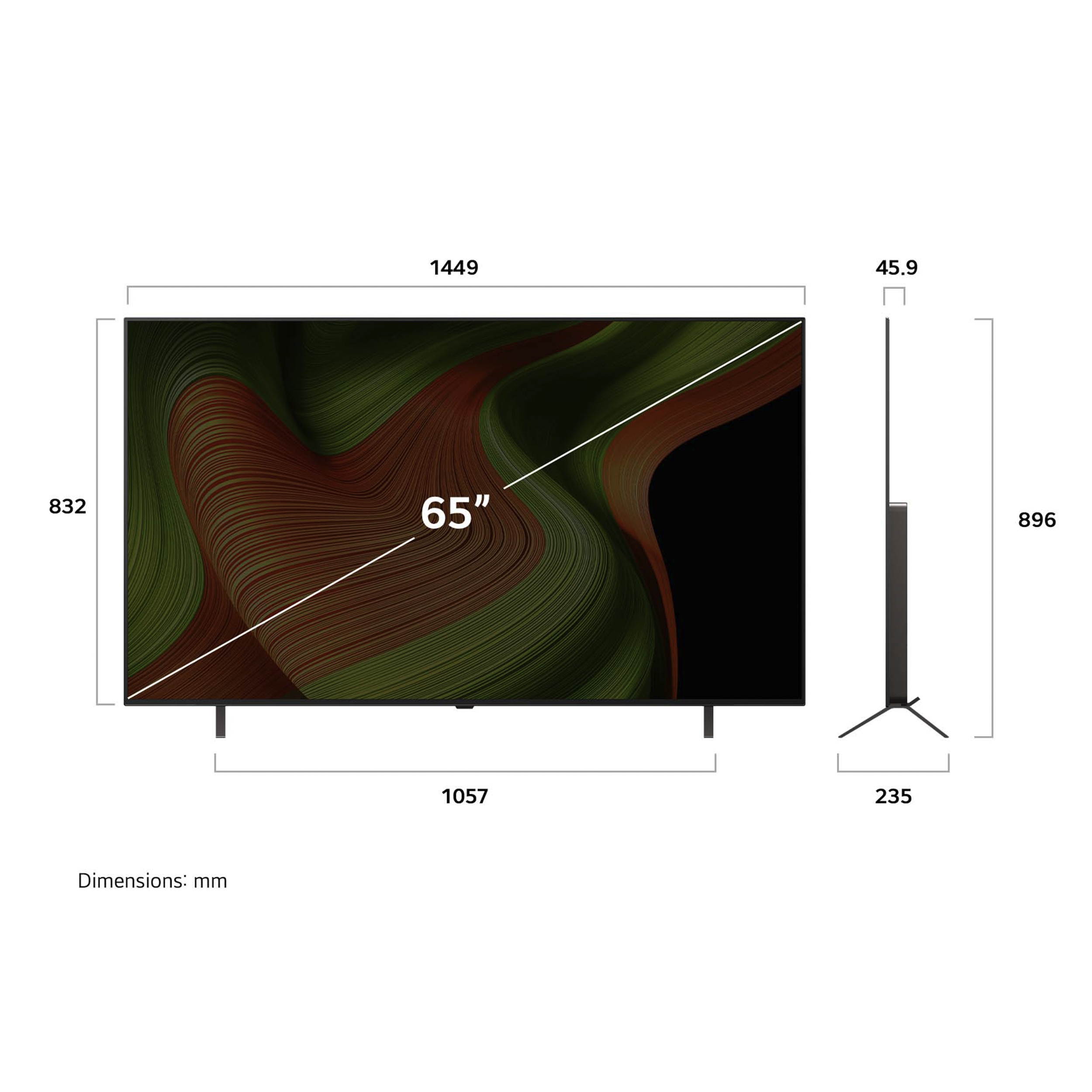 Dimensions du téléviseur 65 pouces. Vues avant et latérales, mesures en millimètres.
