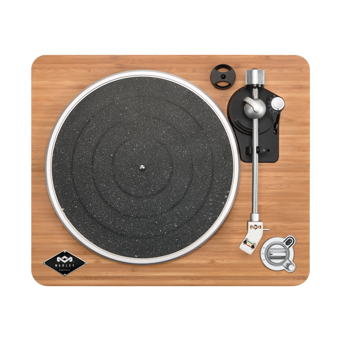 Platine vinyle, surface grain de bois, disque noir, détails argentés, bras noir. Vue de dessus.