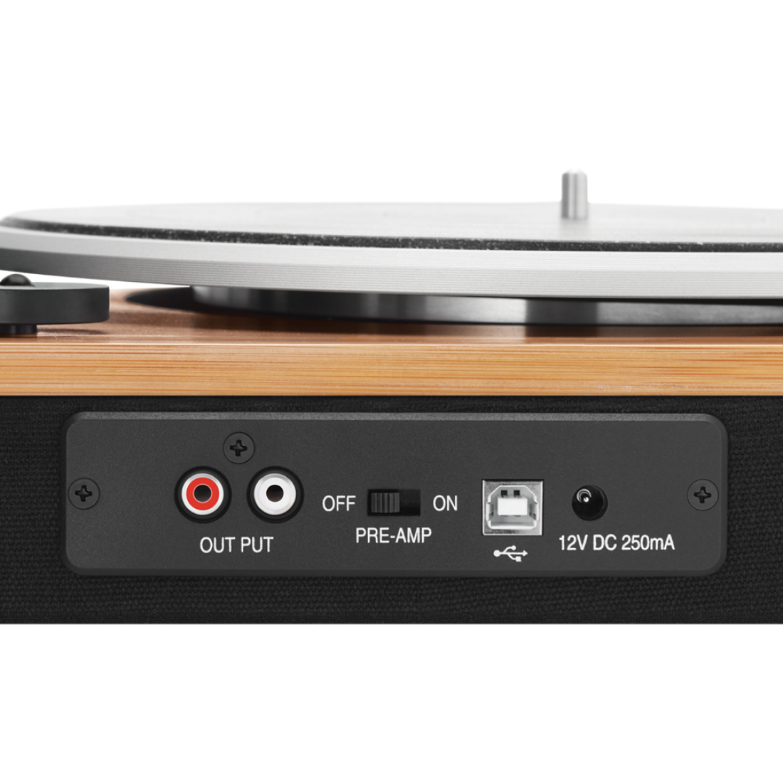 Gros plan sur le panneau arrière d'une platine avec des ports de sortie et USB, et un interrupteur d'alimentation.